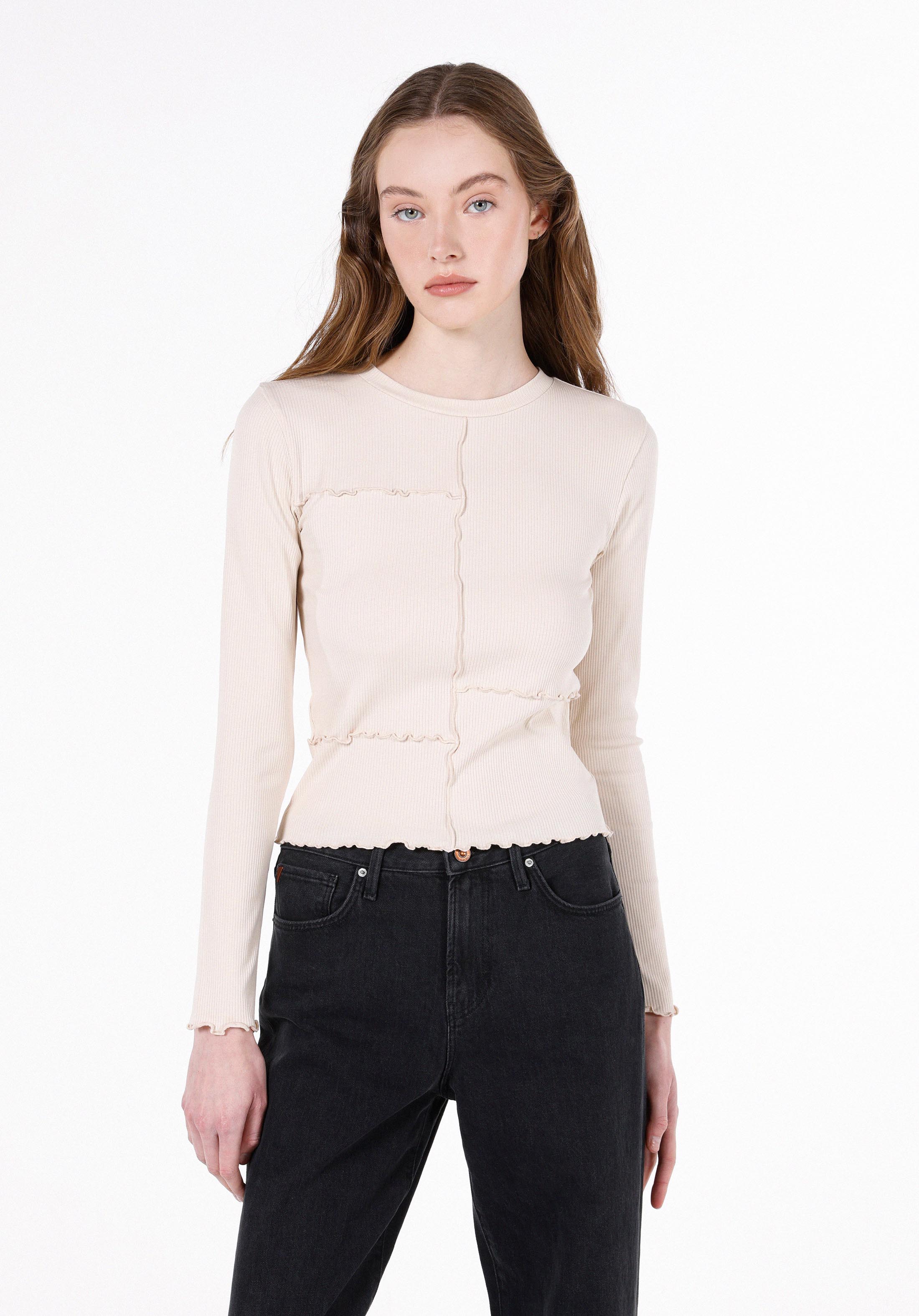 Slim Fit Yuvarlak Yaka Düz Kadın Ekru Uzun Kol Tişört