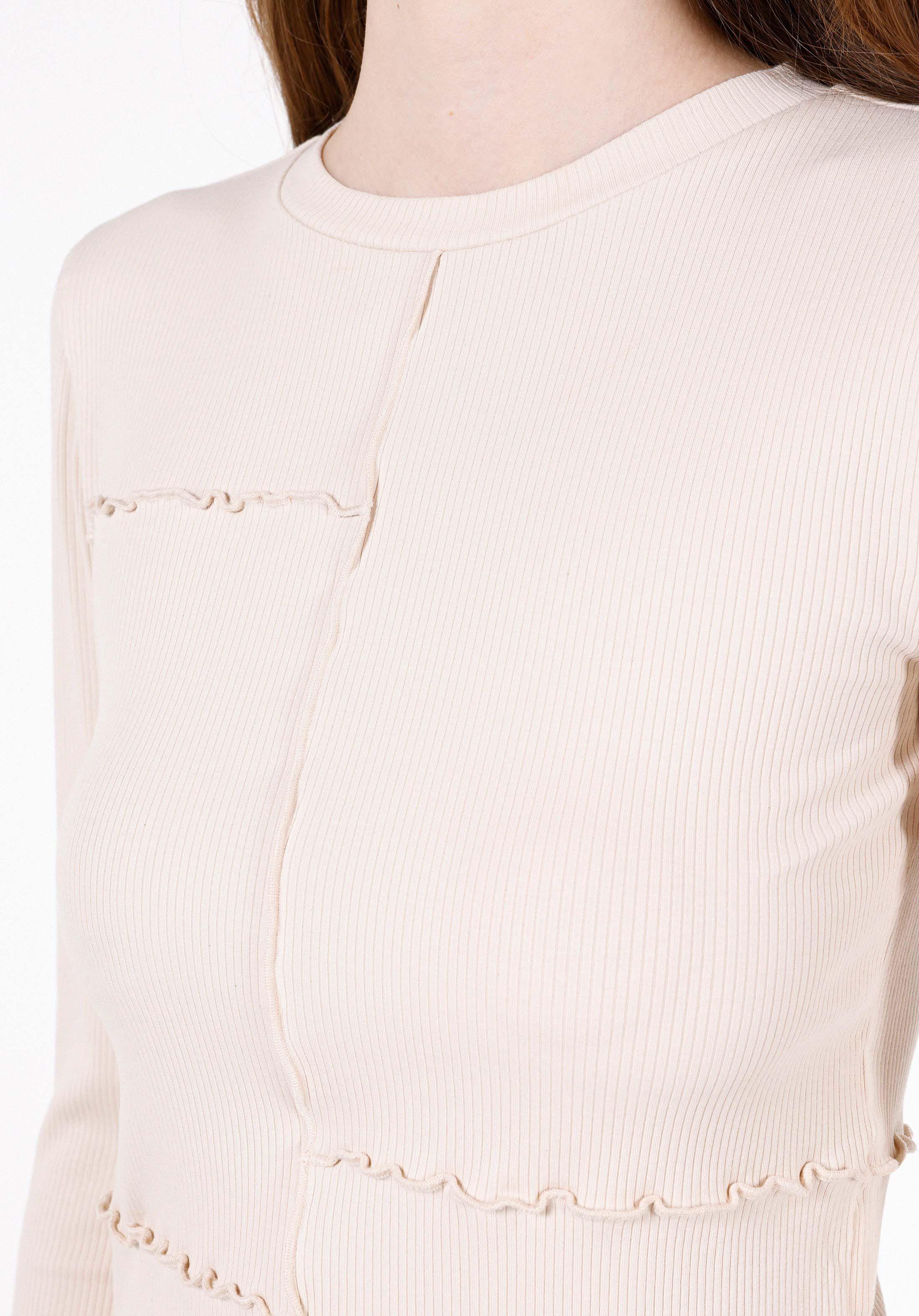 Slim Fit Yuvarlak Yaka Düz Kadın Ekru Uzun Kol Tişört