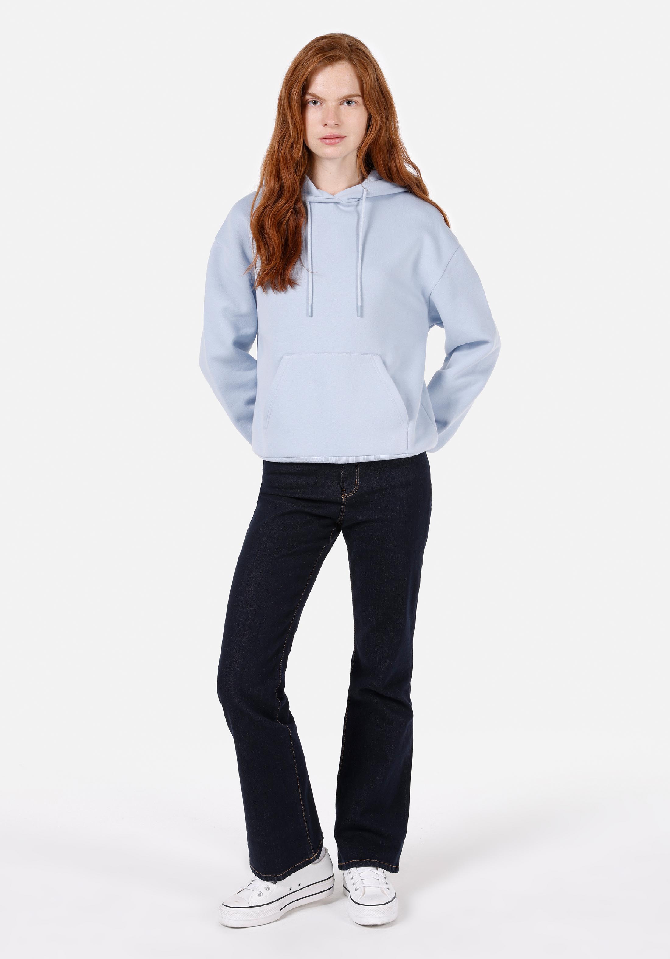 Regular Fit Kapüşonlu Baskılı Kadın Mavi Sweatshirt