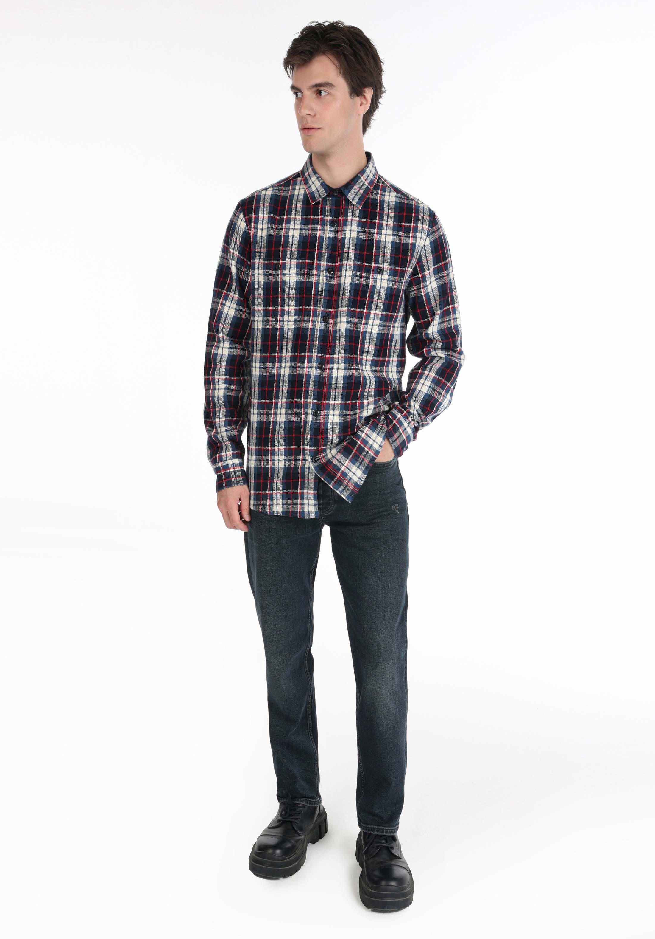 Regular Fit Shirt Neck Ekoseli Erkek Mavi Uzun Kol Gömlek