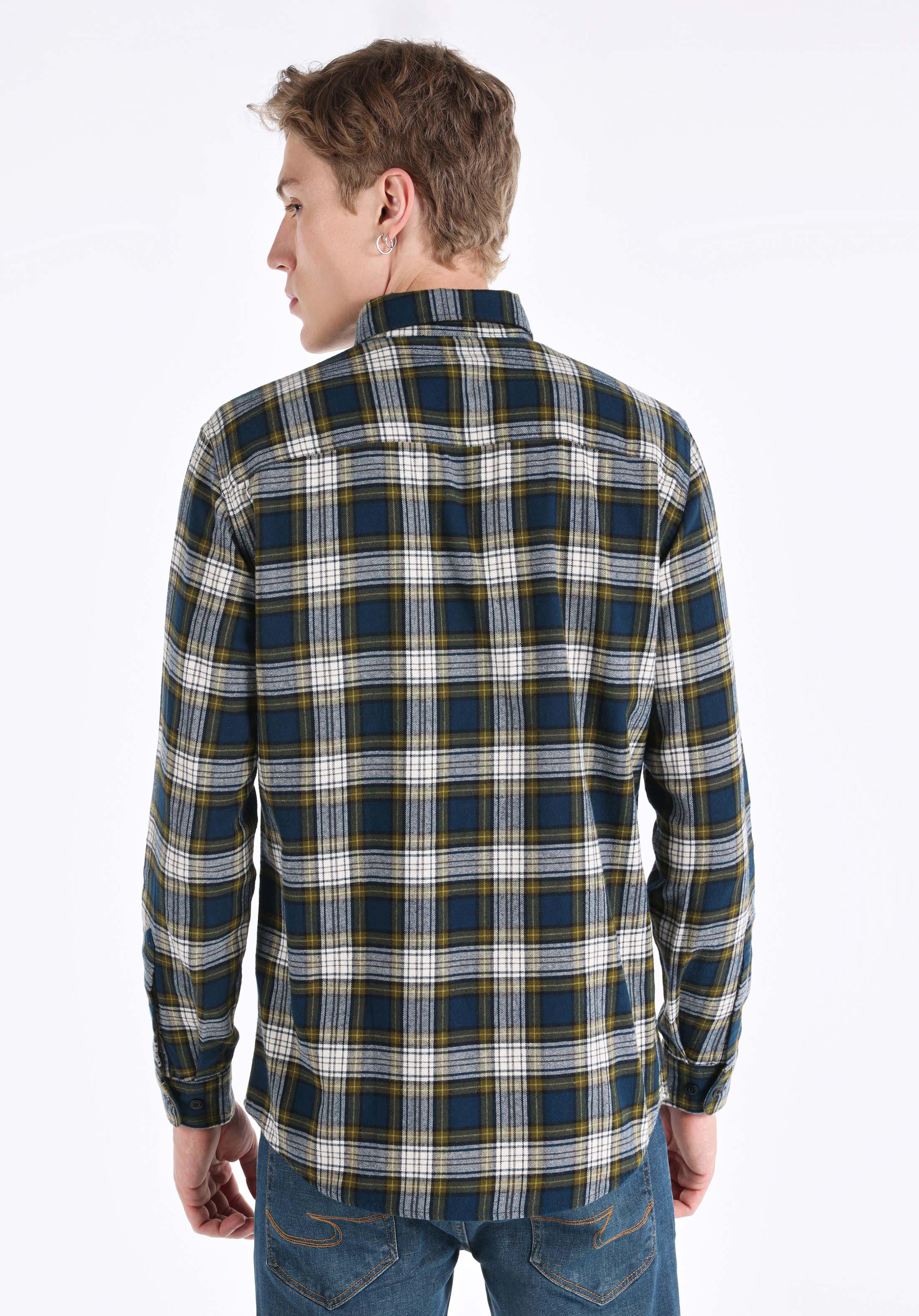 Regular Fit Shirt Neck Ekoseli Erkek Lacivert Uzun Kol Gömlek