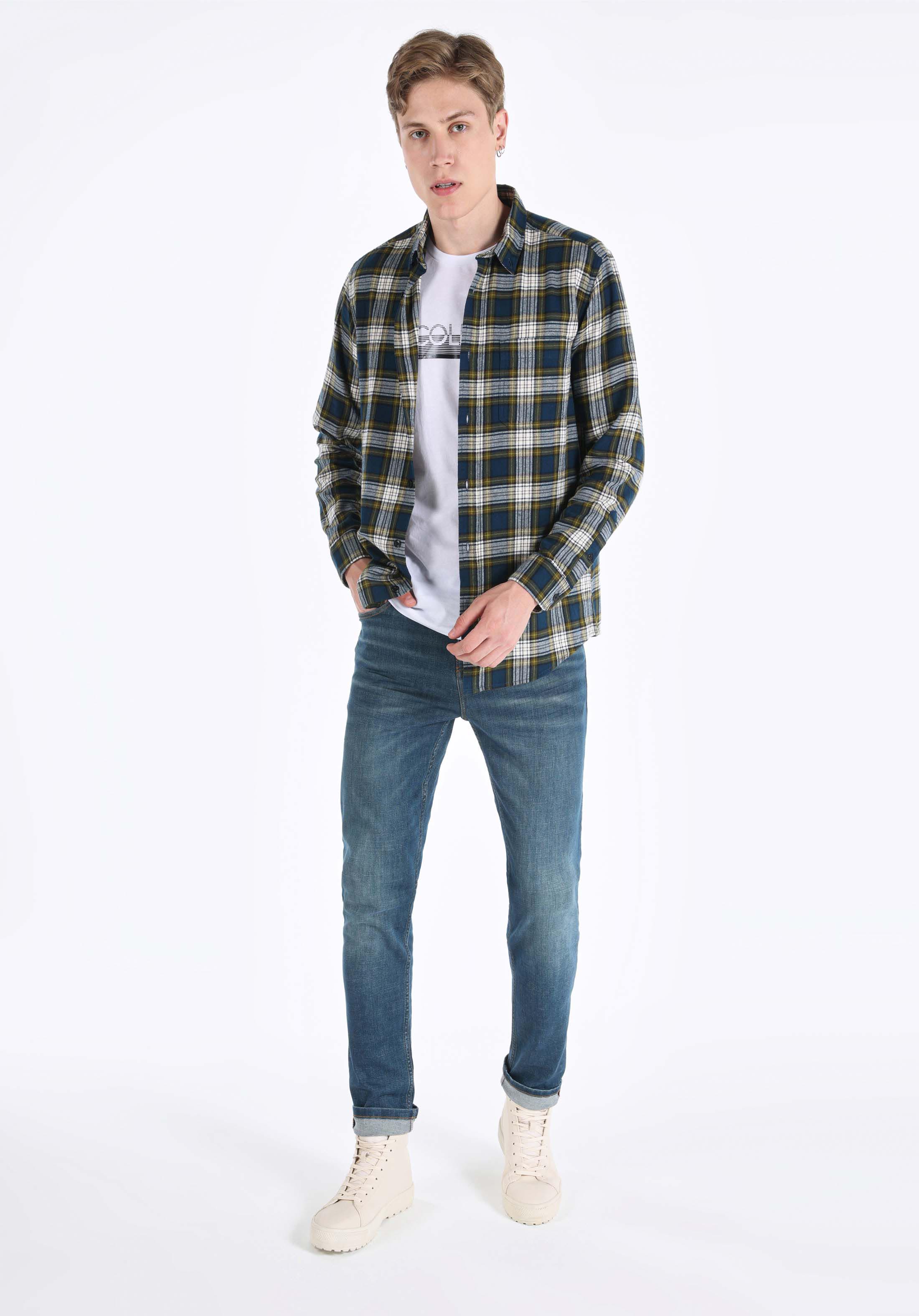 Regular Fit Shirt Neck Ekoseli Erkek Lacivert Uzun Kol Gömlek