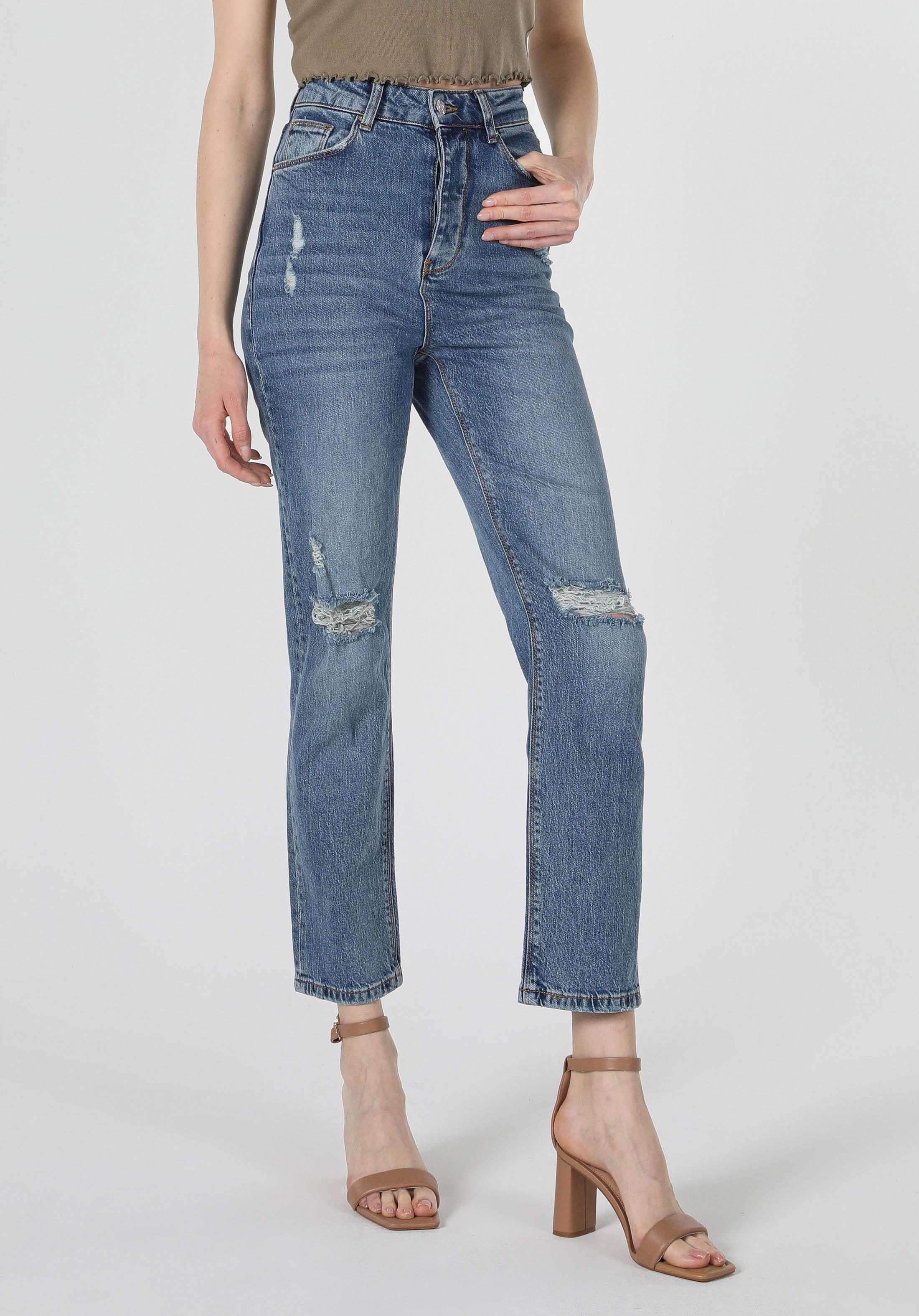 Straight Fit Yüksel Bel Bootcut Kadın Lacivert Jean Pantolon