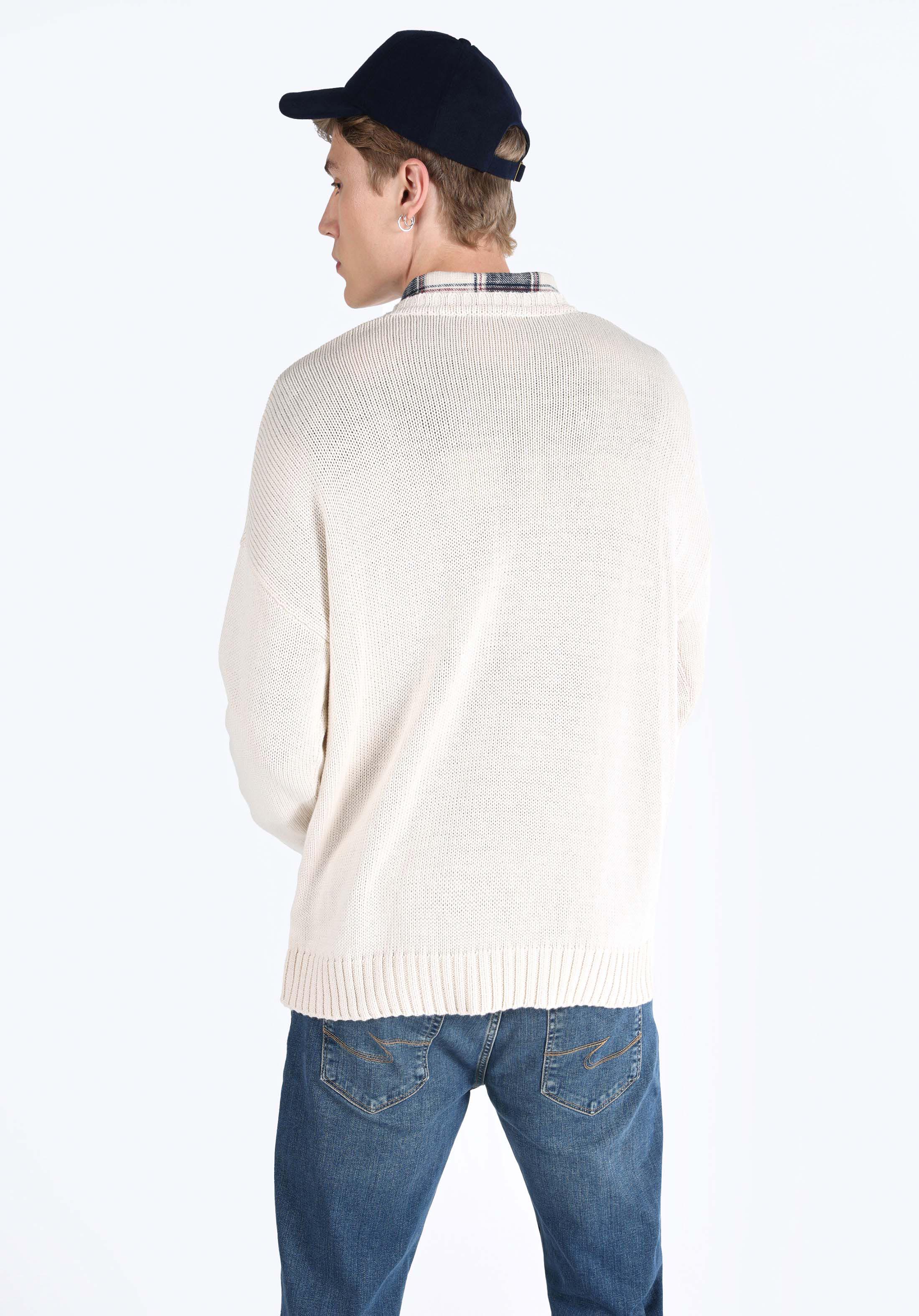 Comfort Fit Yuvarlak Yaka Jakarlı Erkek Beyaz Kazak