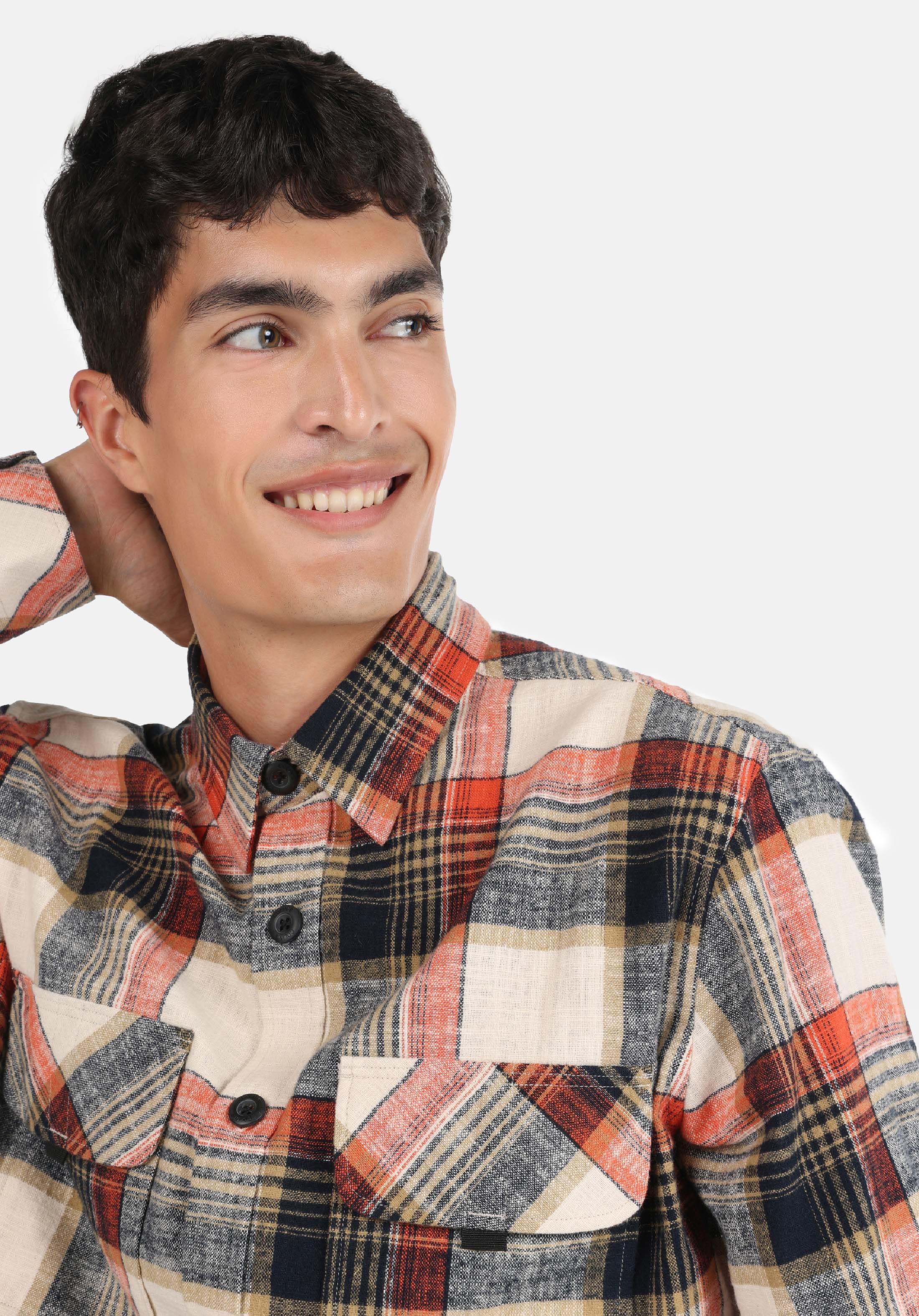 Regular Fit Shirt Neck Ekoseli Erkek Turuncu Uzun Kol Gömlek