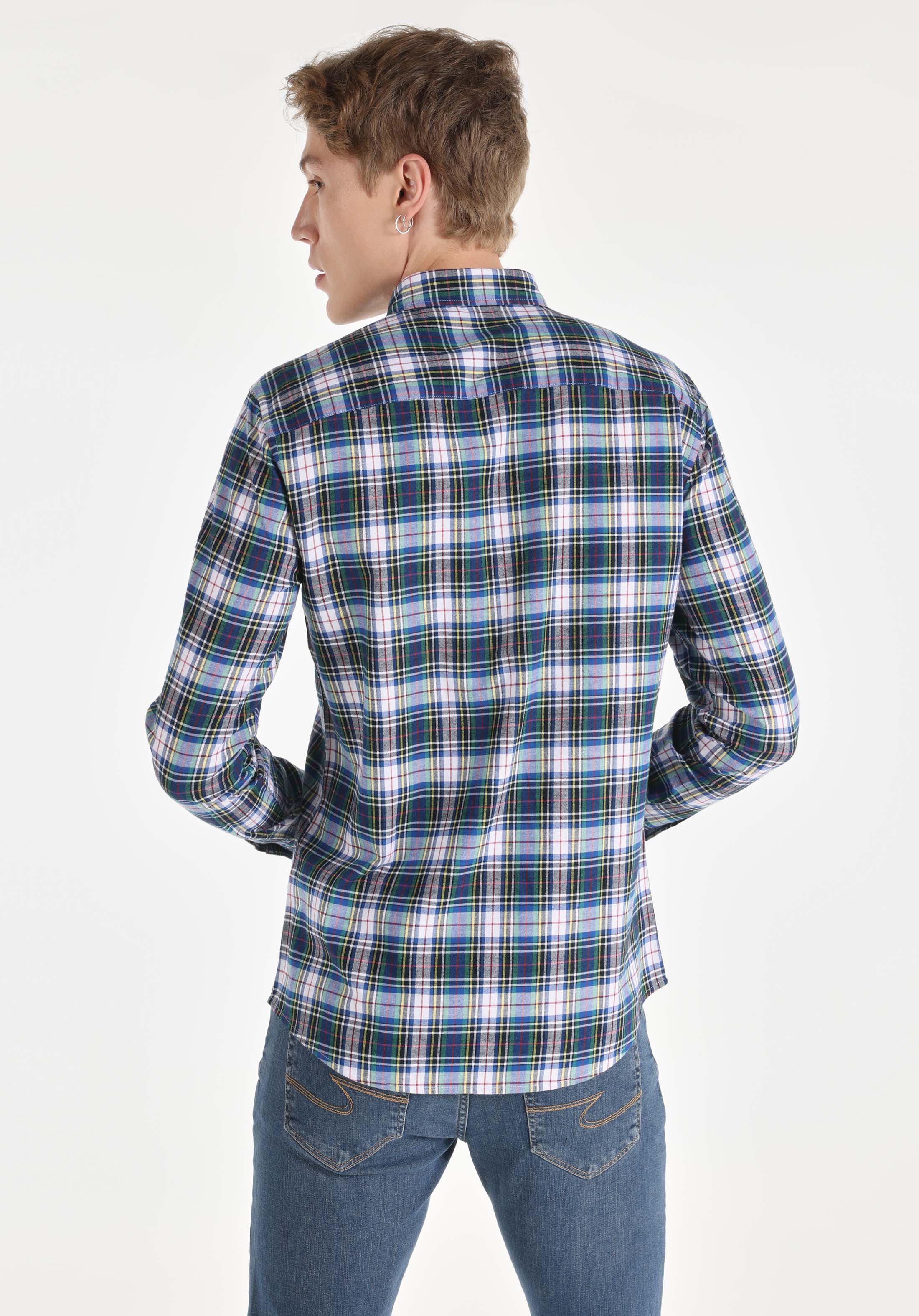 Slim Fit Shirt Neck Ekoseli Erkek Çok Renkli Uzun Kol Gömlek