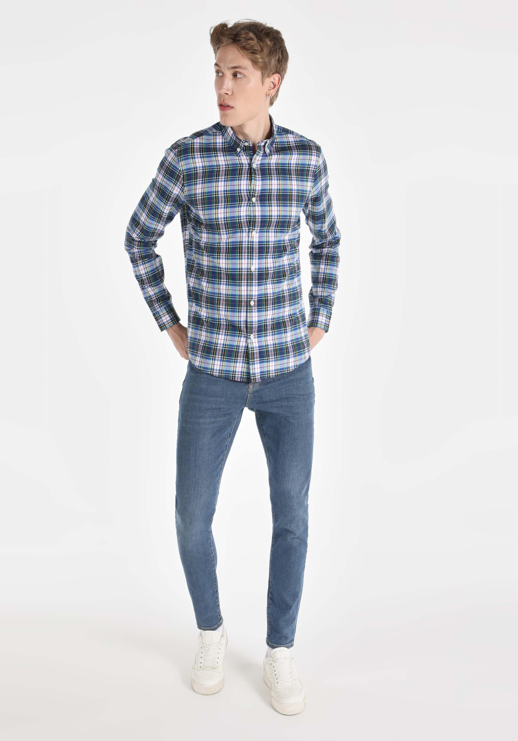 Slim Fit Shirt Neck Ekoseli Erkek Çok Renkli Uzun Kol Gömlek