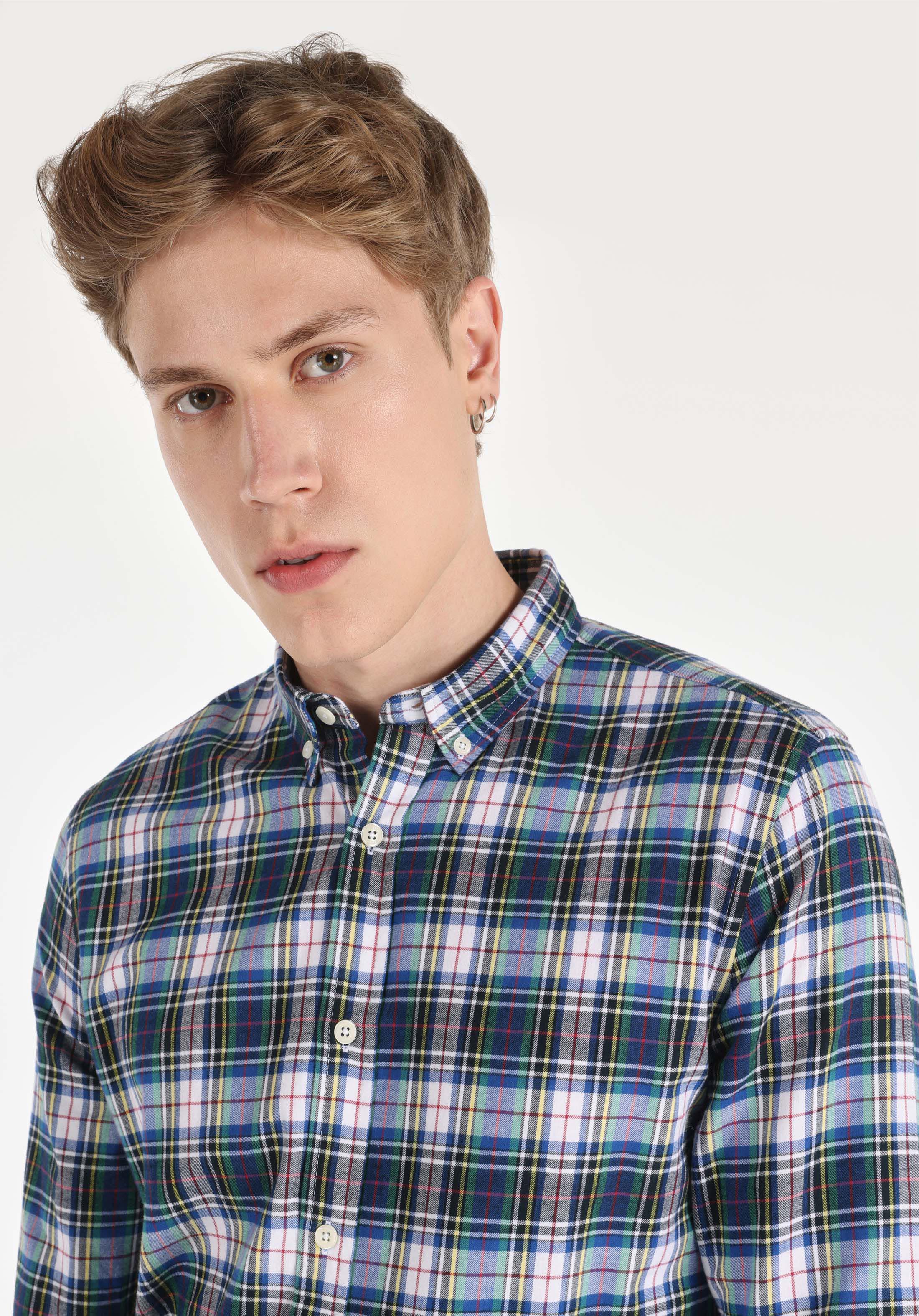 Slim Fit Shirt Neck Ekoseli Erkek Çok Renkli Uzun Kol Gömlek