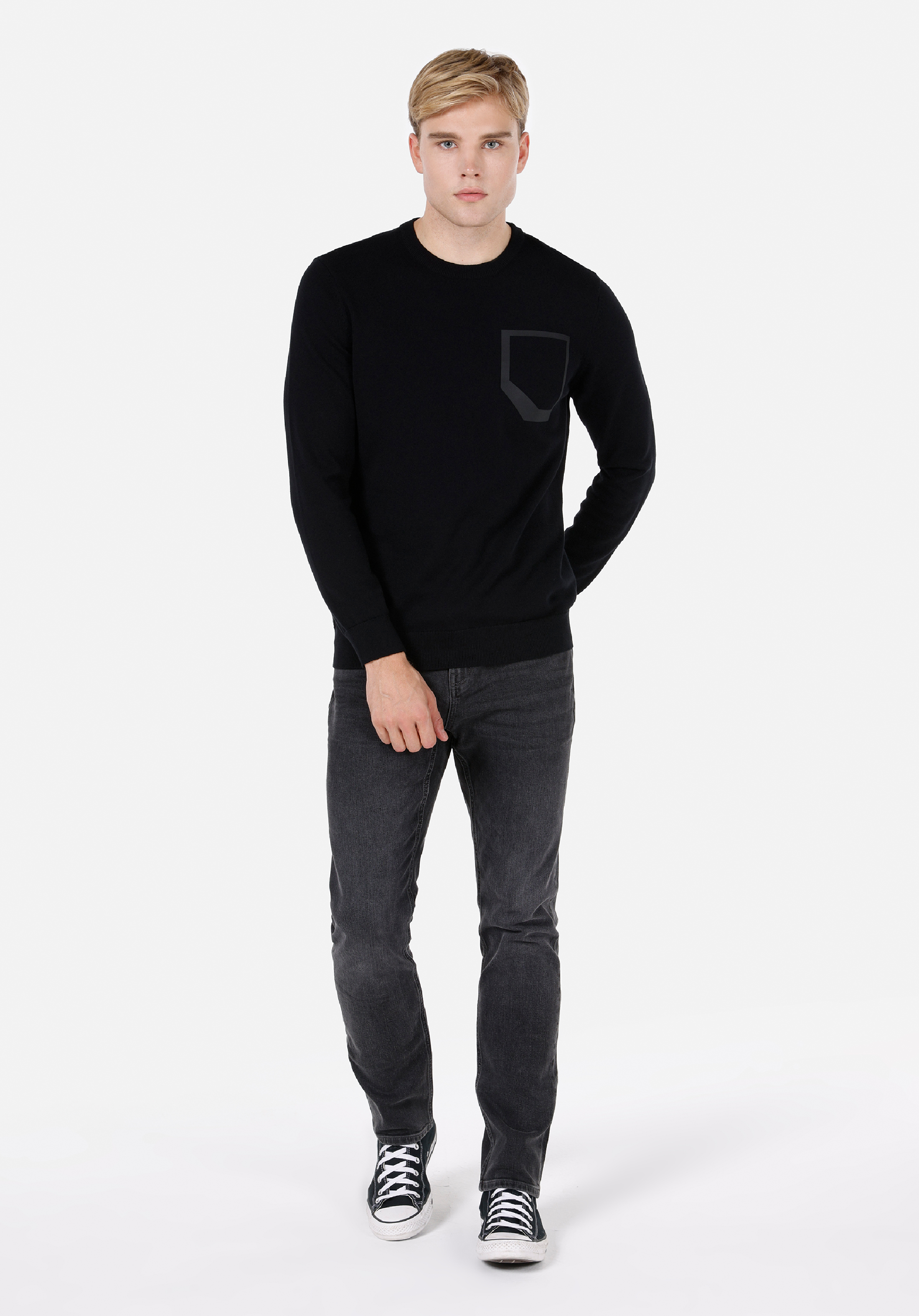 Regular Fit Yuvarlak Yaka Jakarlı Erkek Siyah Kazak