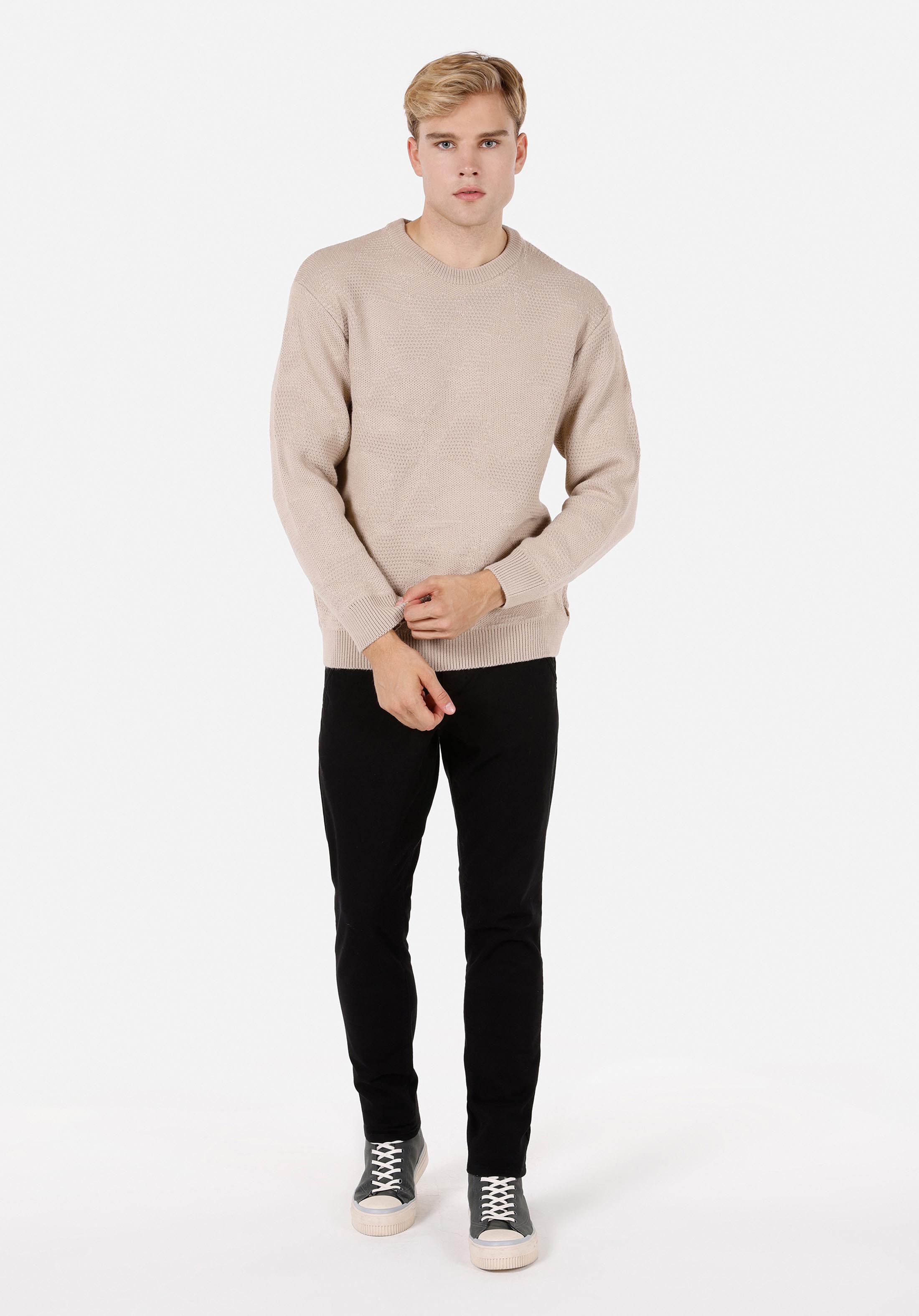 Comfort Fit Yuvarlak Yaka  Erkek Bej Kazak