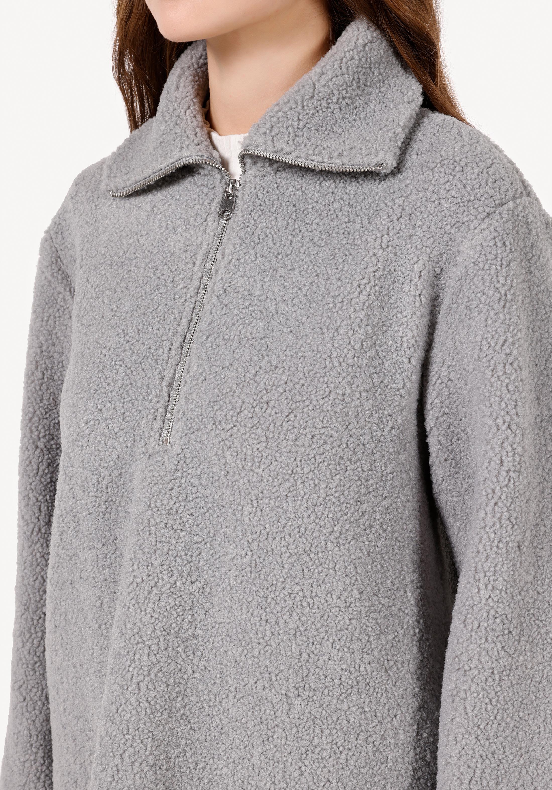 Regular Fit Fermuarlı  Kadın Gri Sweatshirt