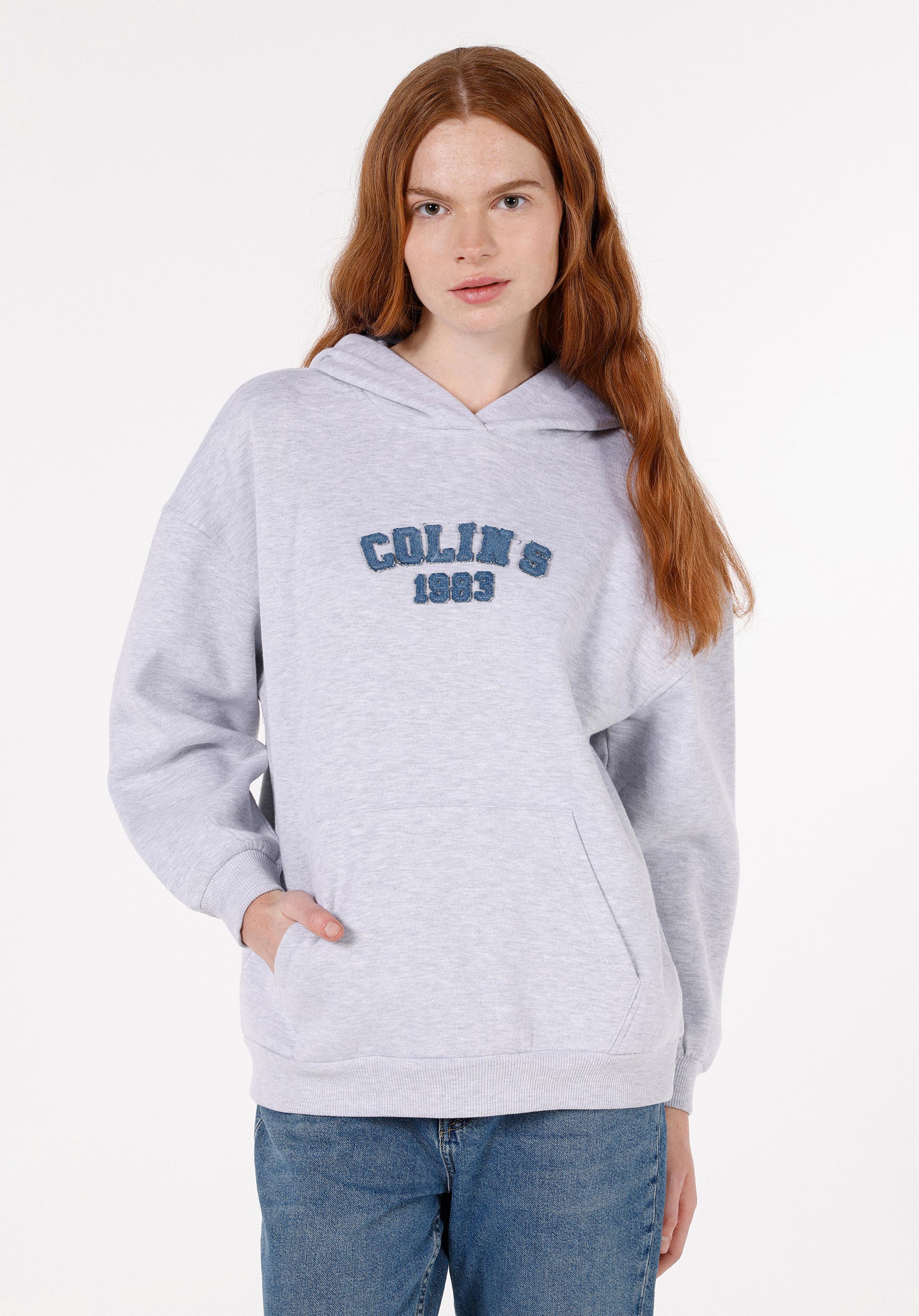 Comfort Fit Kapüşonlu Baskılı Kadın Gri Sweatshirt