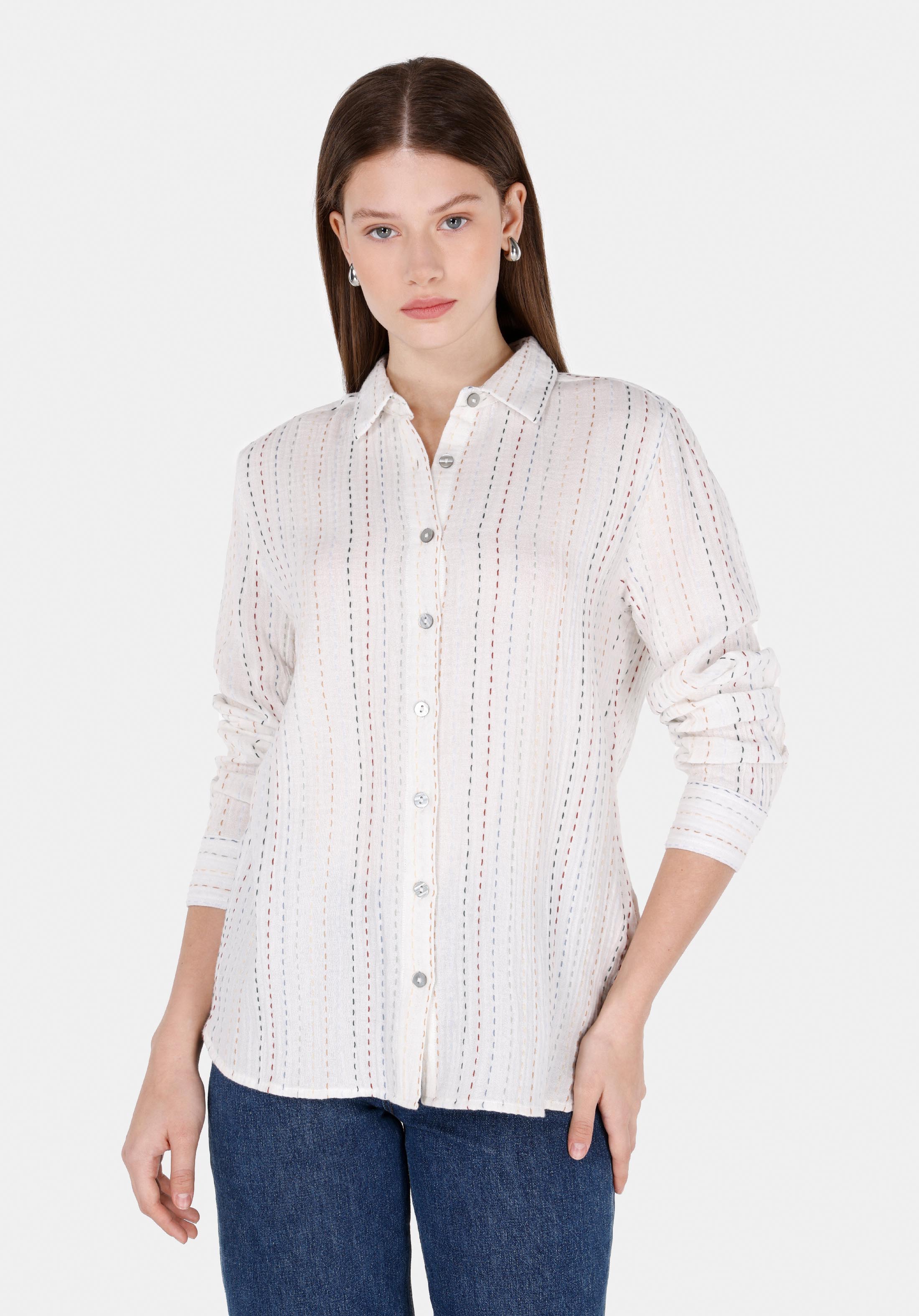 Regular Fit Shirt Neck Çizgili Kadın Beyaz Uzun Kol Gömlek