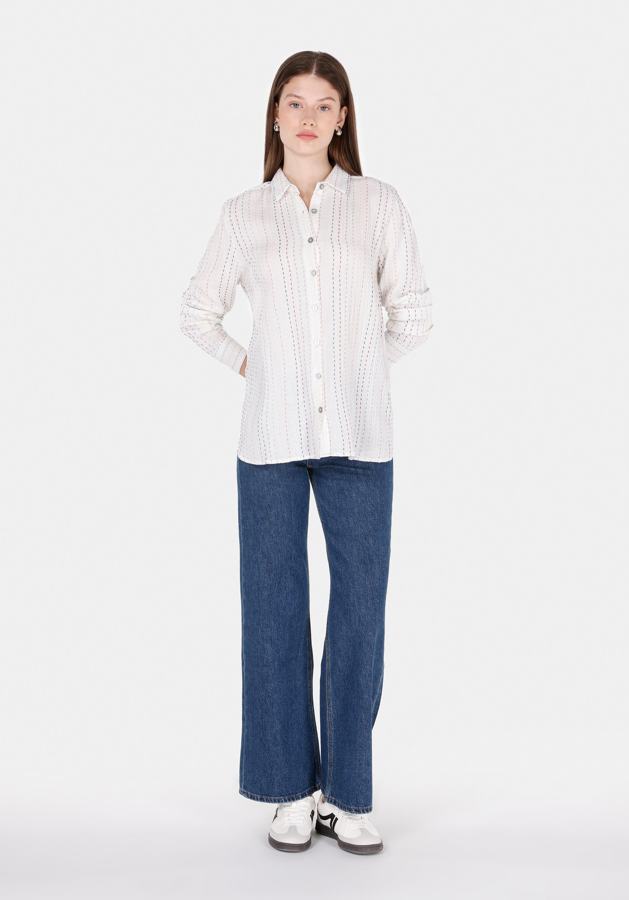 Regular Fit Shirt Neck Çizgili Kadın Beyaz Uzun Kol Gömlek