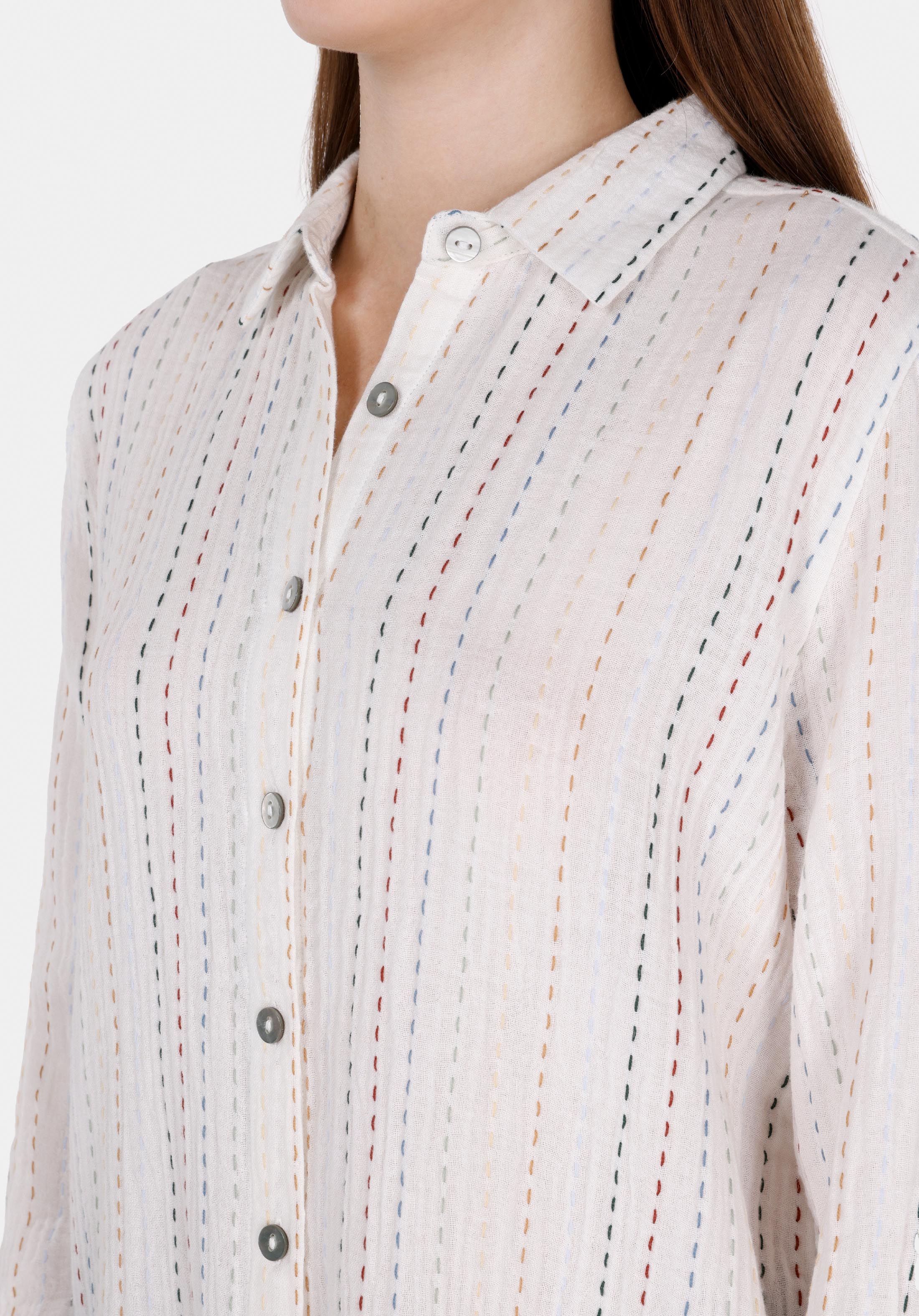 Regular Fit Shirt Neck Çizgili Kadın Beyaz Uzun Kol Gömlek
