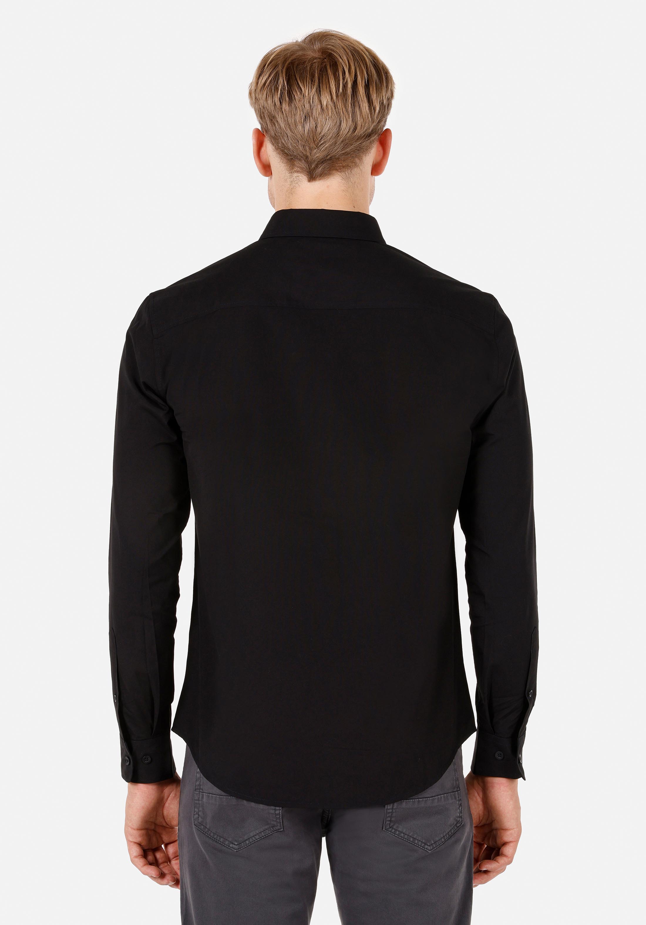 Slim Fit Shirt Neck Düz Erkek Siyah Uzun Kol Gömlek