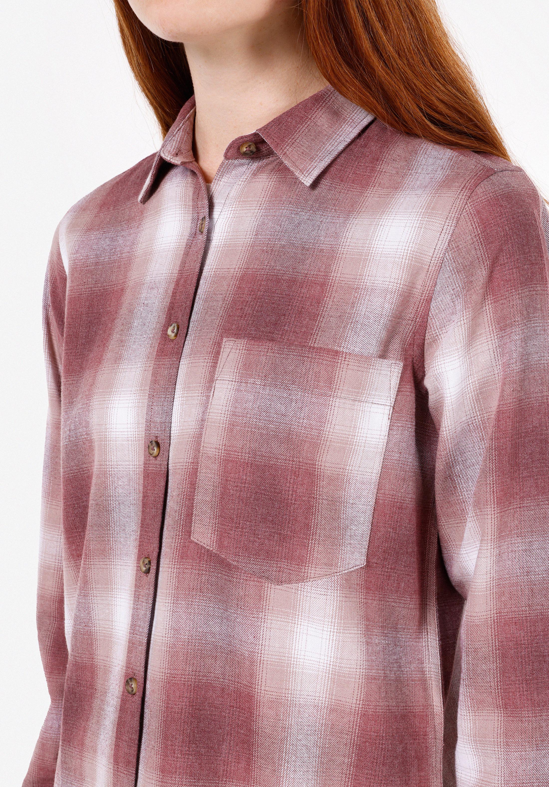 Regular Fit Shirt Neck Ekoseli Kadın Pembe Uzun Kol Gömlek