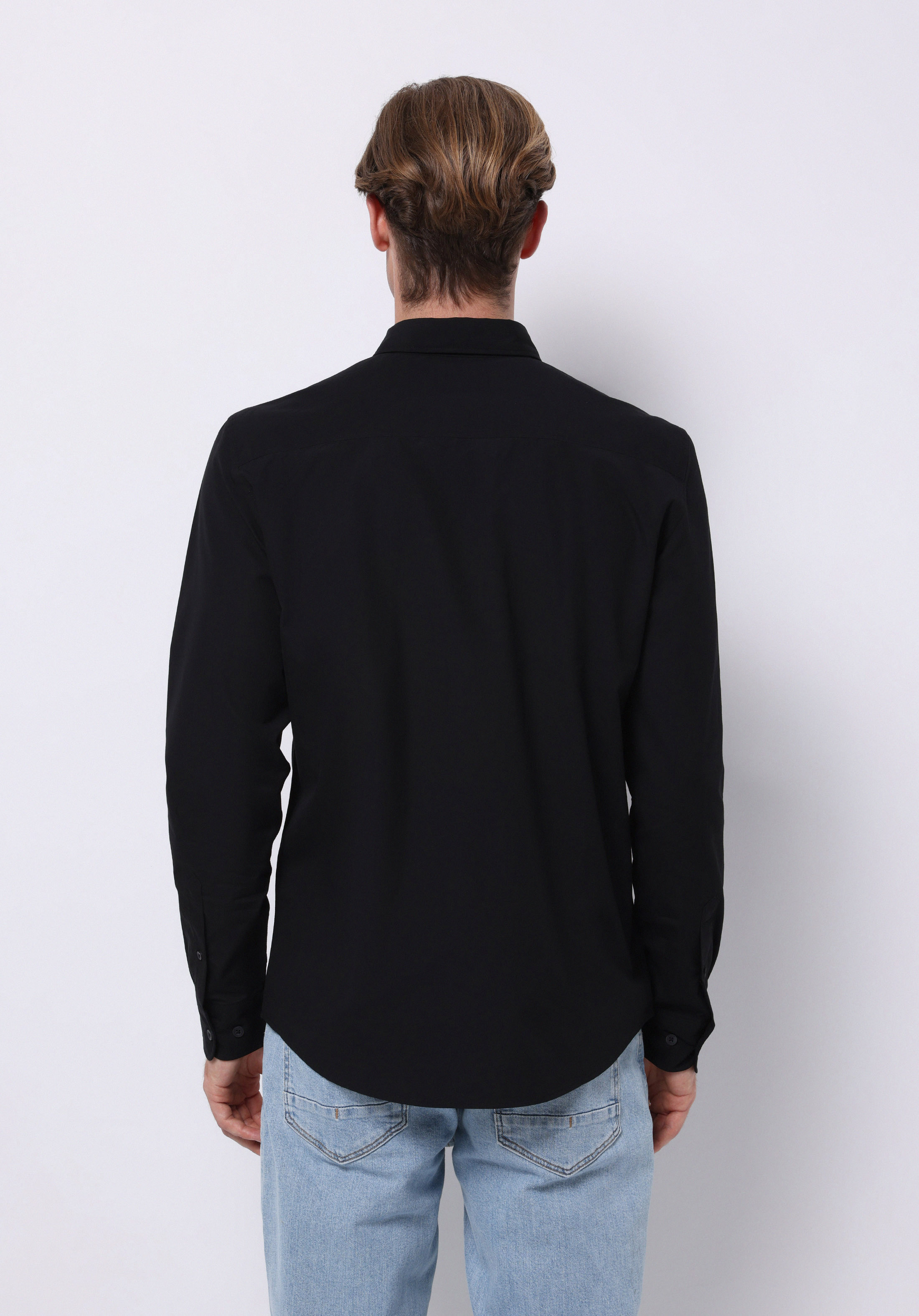 Slim Fit Shirt Neck Düz Erkek Siyah Uzun Kol Gömlek
