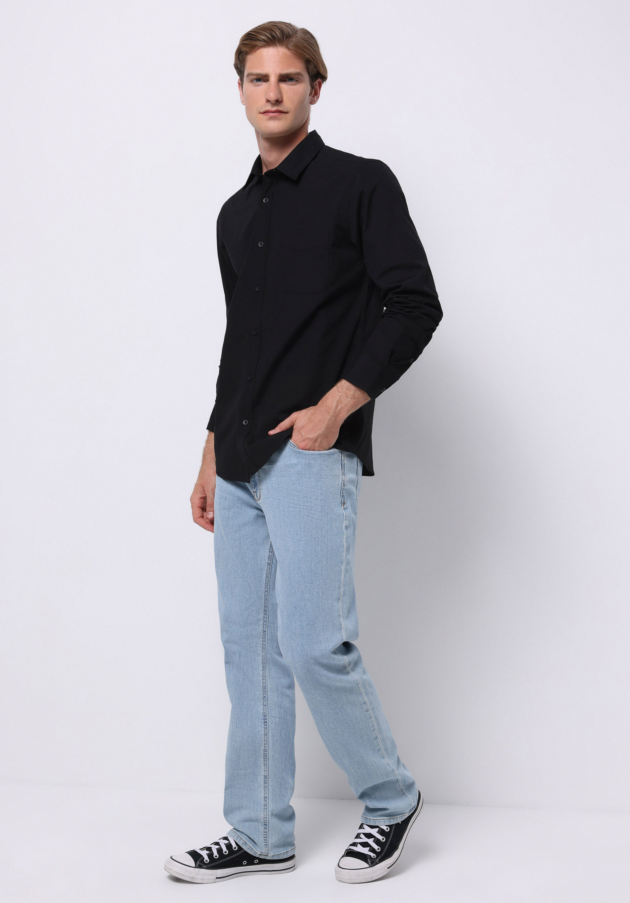 Slim Fit Shirt Neck Düz Erkek Siyah Uzun Kol Gömlek