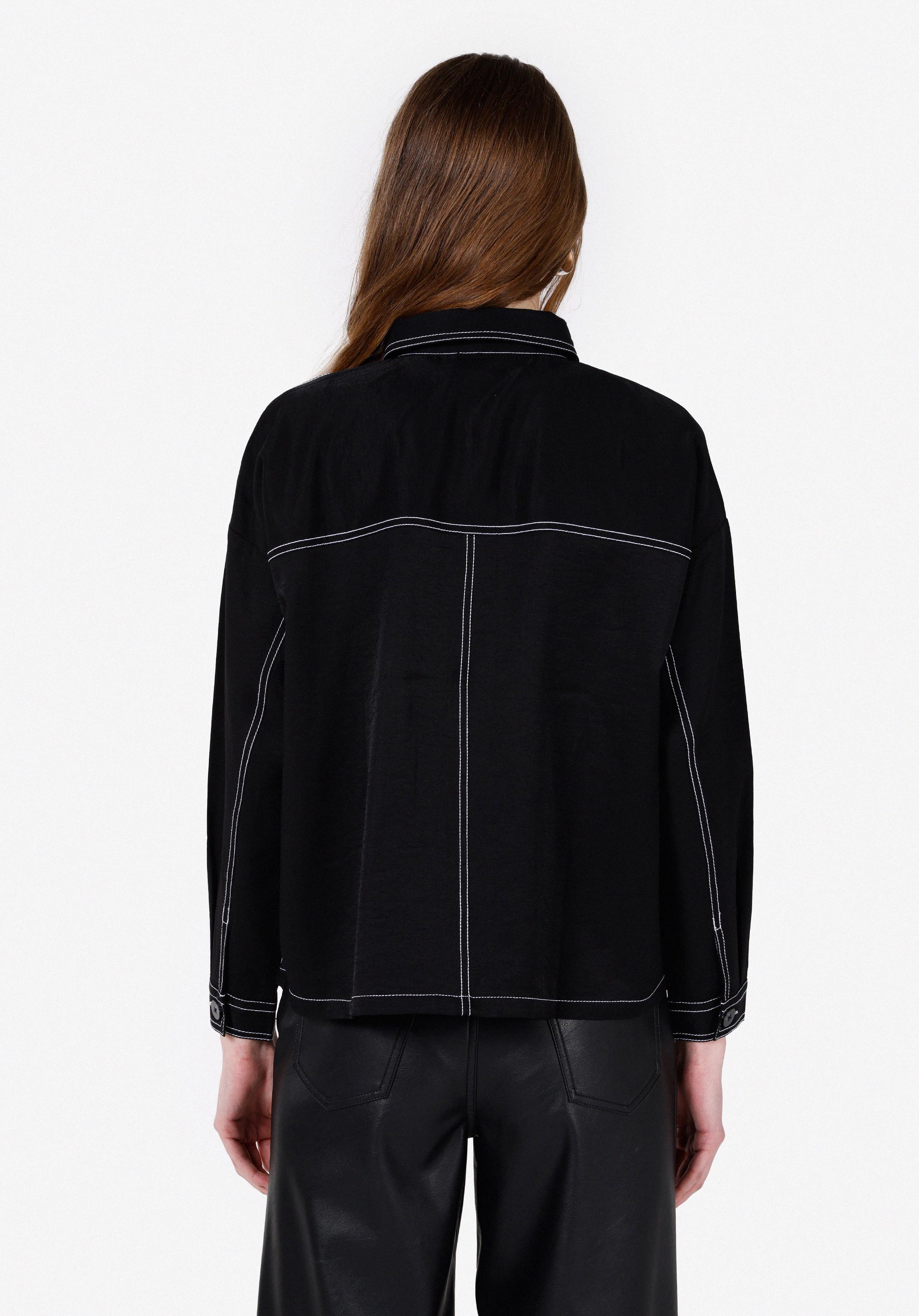 Relaxed Fit Shirt Neck Düz Kadın Siyah Uzun Kol Gömlek