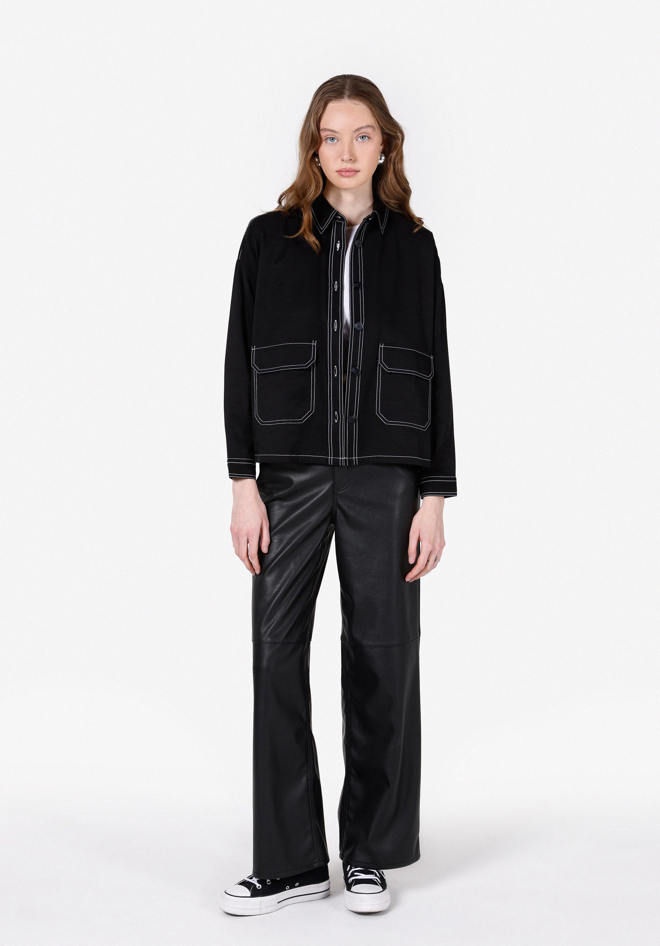 Relaxed Fit Shirt Neck Düz Kadın Siyah Uzun Kol Gömlek