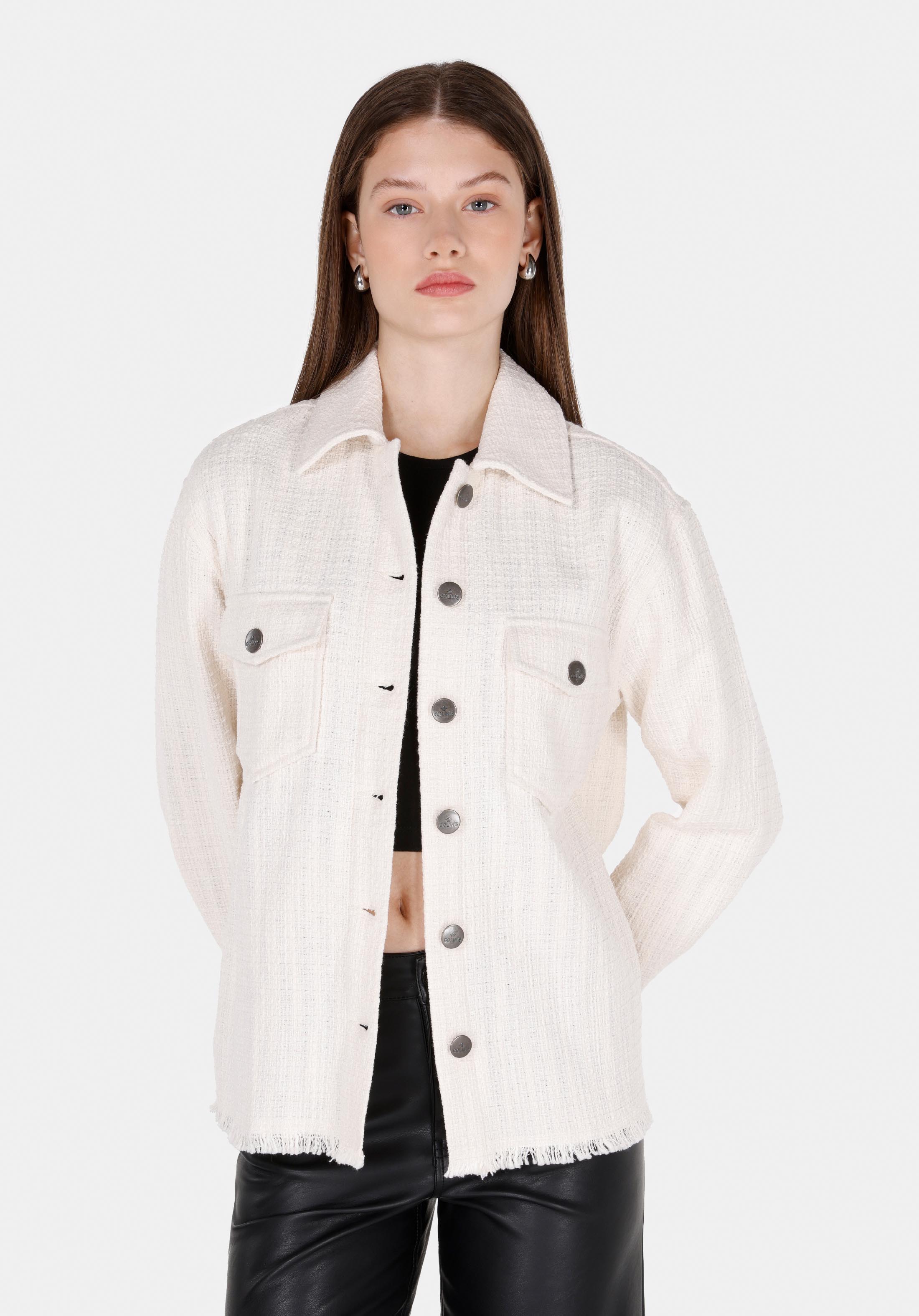 Regular Fit Shirt Neck Düz Kadın Ekru Uzun Kol Gömlek