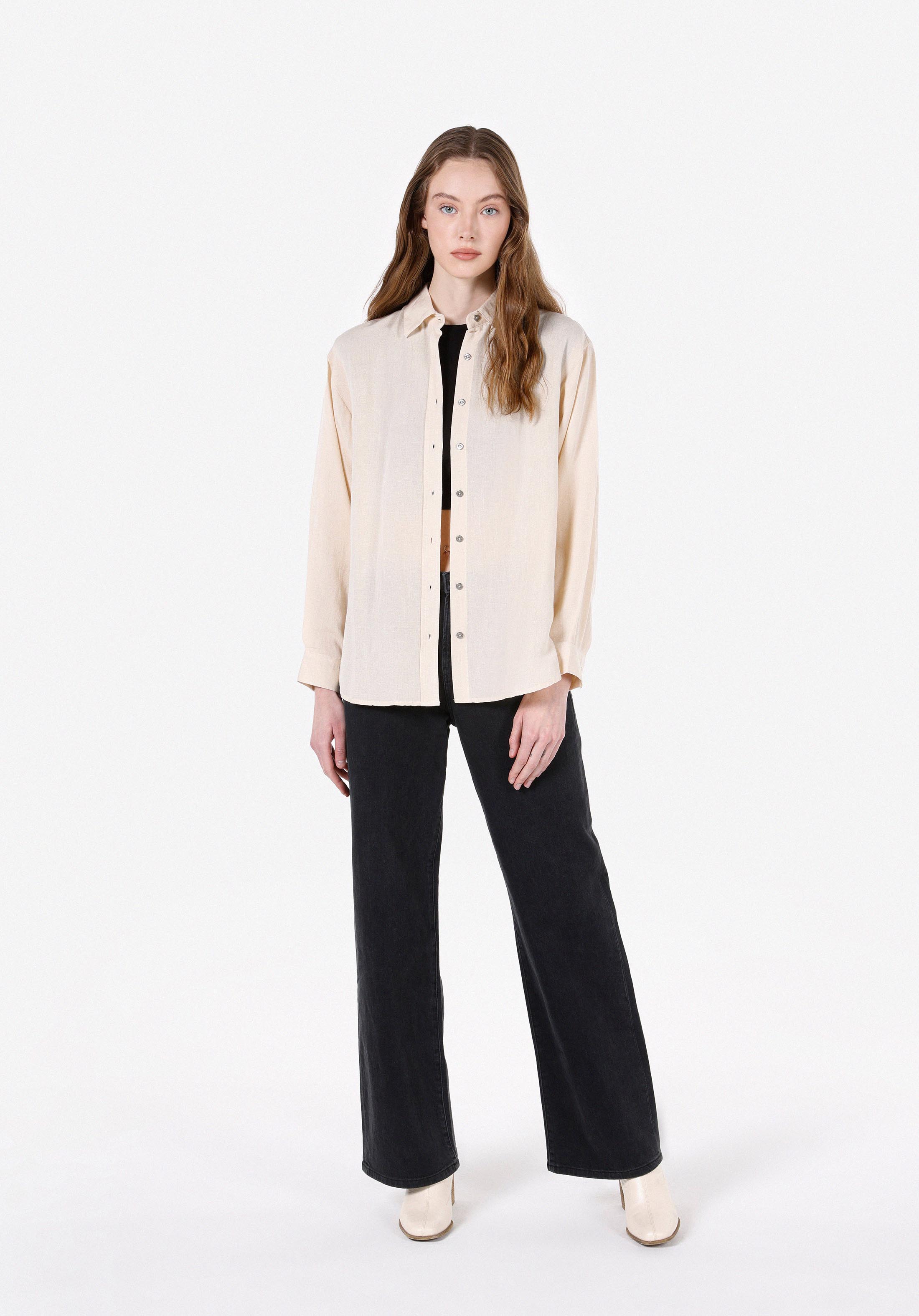 Regular Fit Shirt Neck Düz Kadın Bej Uzun Kol Gömlek