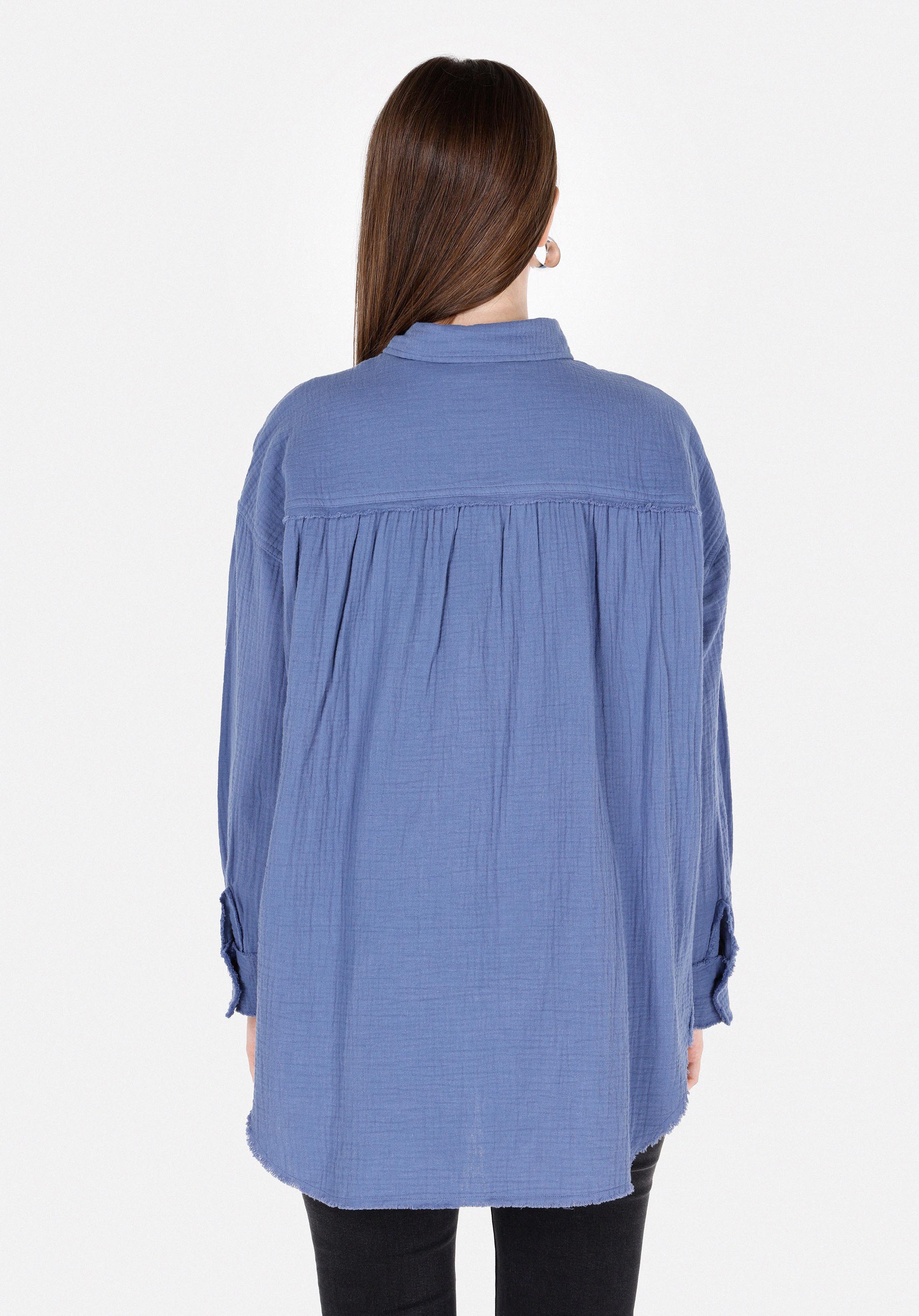 Relax Fit Shirt Neck Düz Kadın Mavi Uzun Kol Gömlek