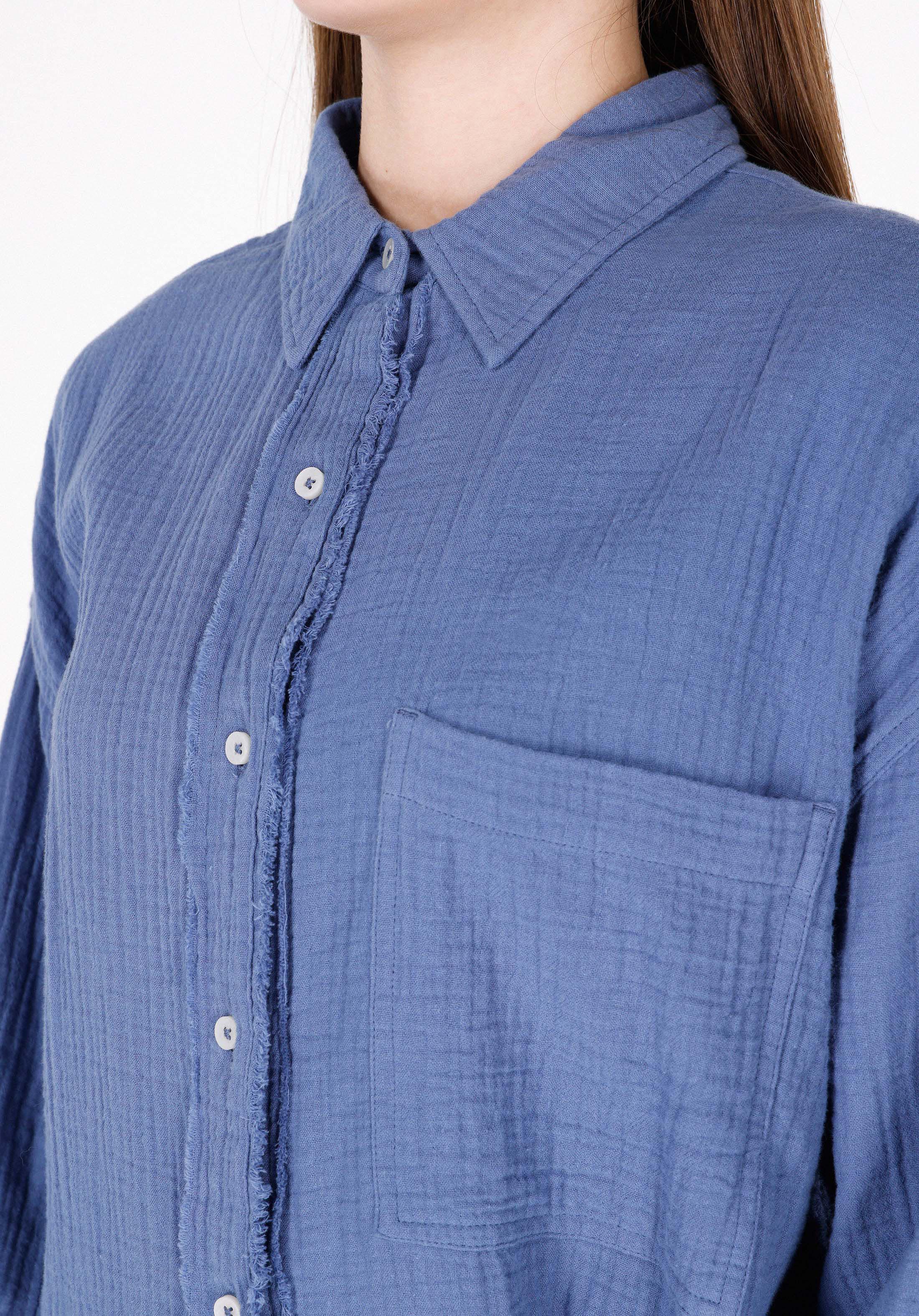 Relax Fit Shirt Neck Düz Kadın Mavi Uzun Kol Gömlek