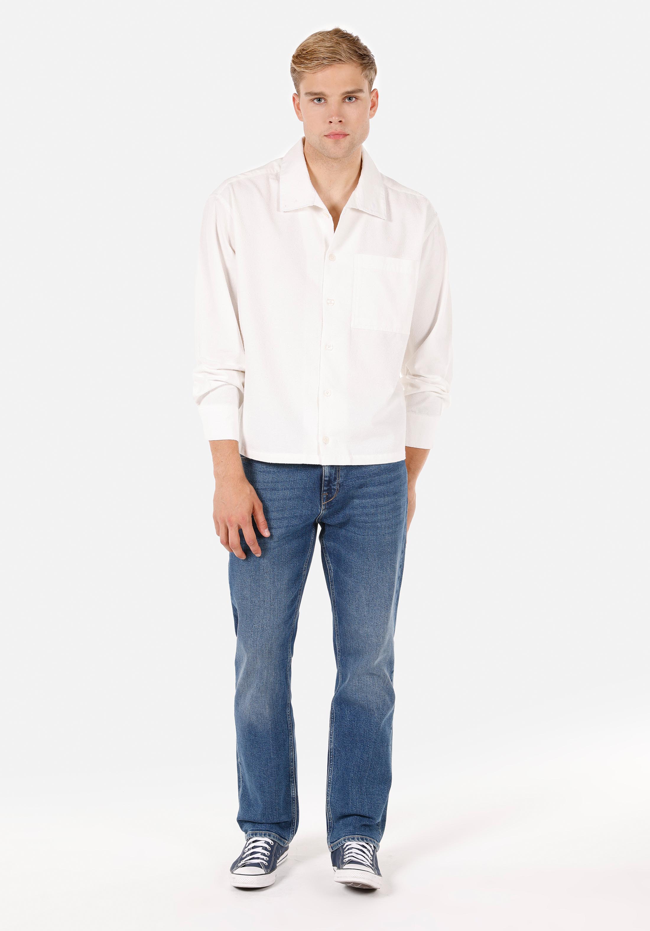 Boxy Fit Shirt Neck Düz Erkek Beyaz Uzun Kol Gömlek