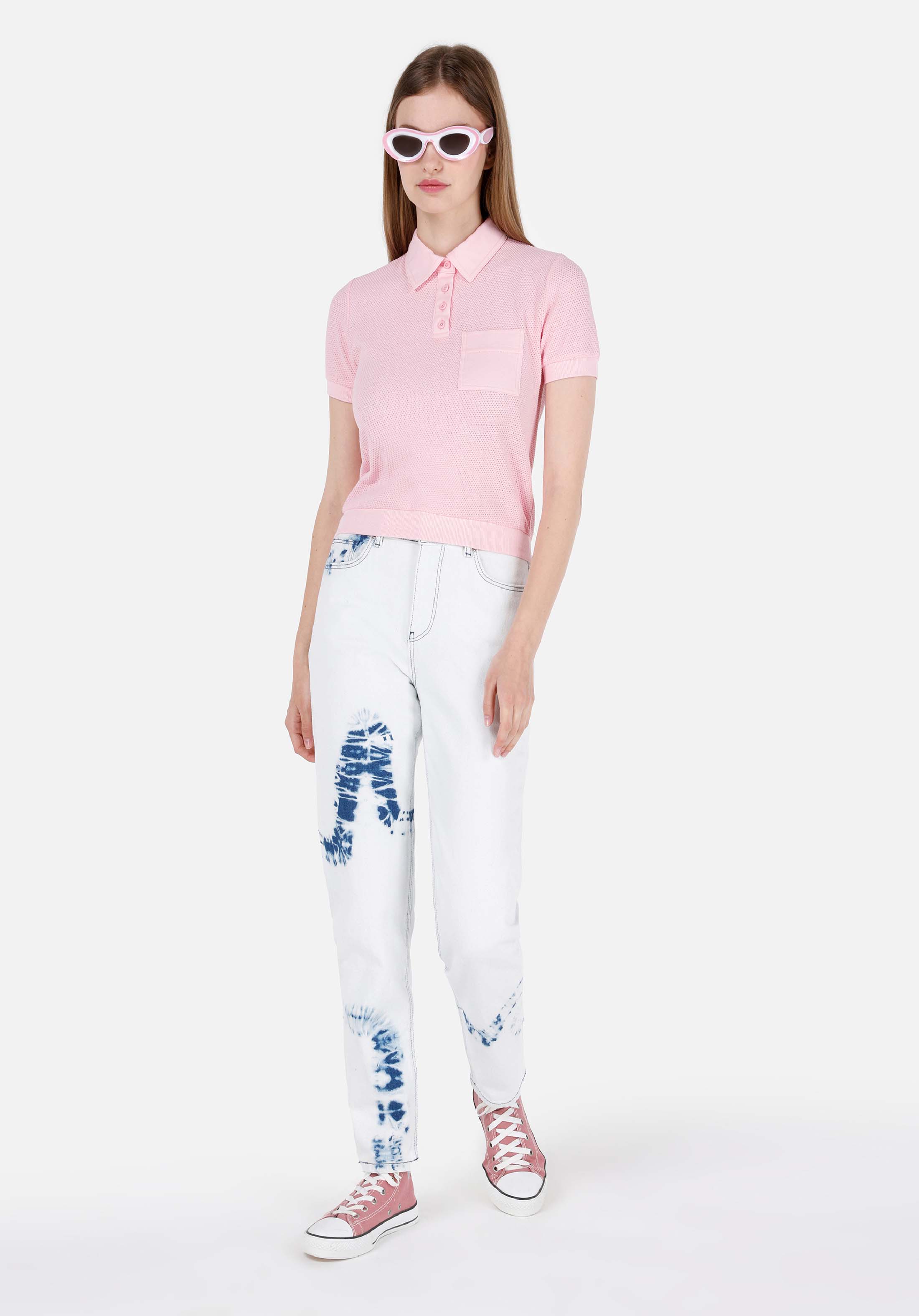Slim Fit Placket Neck Düz Kadın Pembe Kısa Kol Tişört