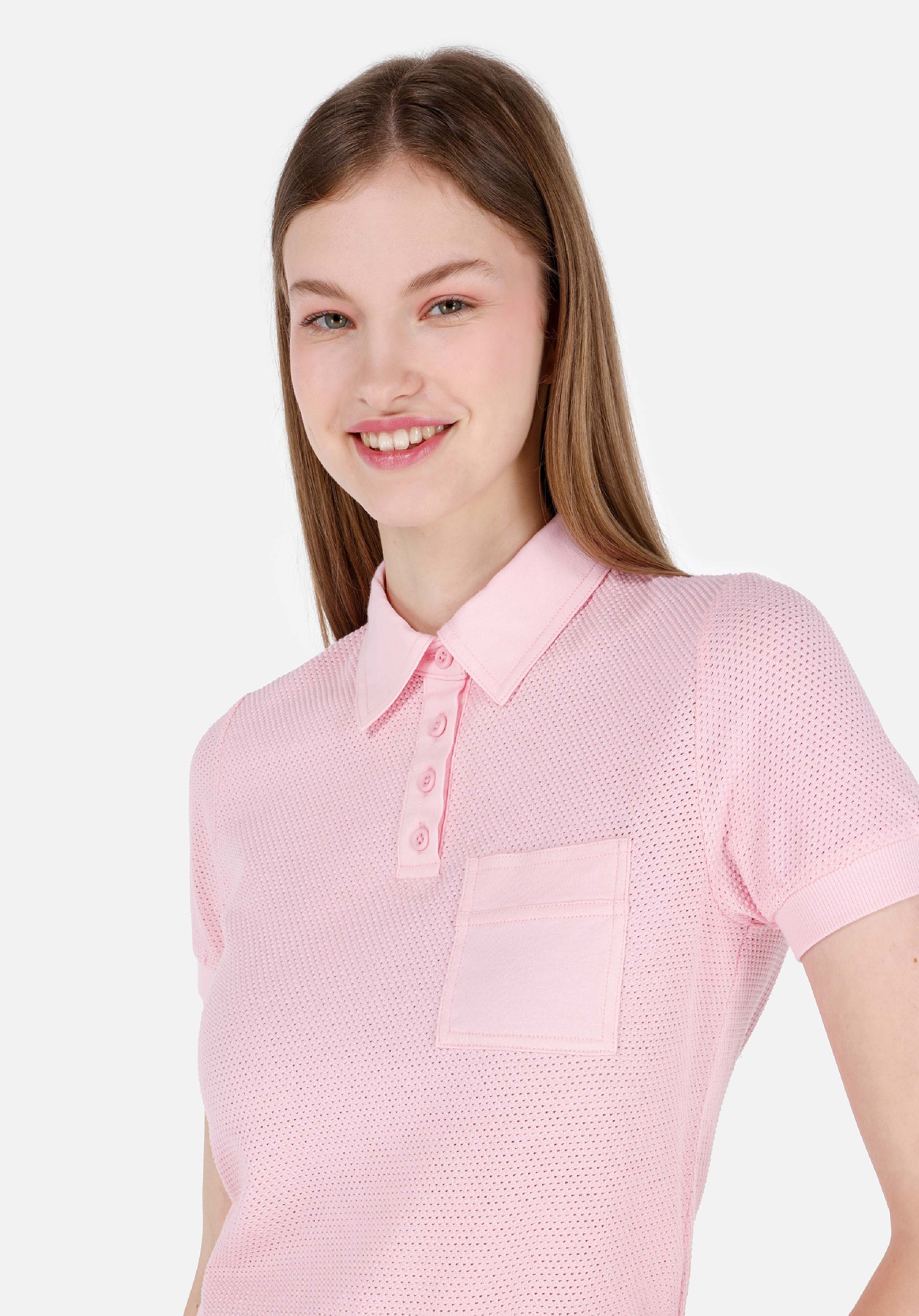 Slim Fit Placket Neck Düz Kadın Pembe Kısa Kol Tişört