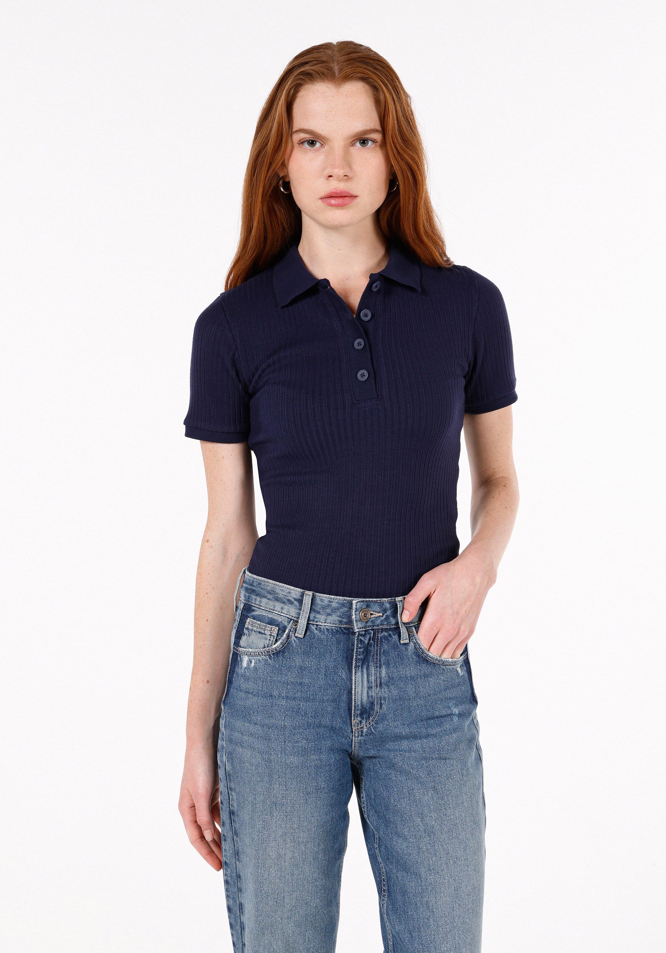 Slim Fit Polo Yaka Düz Kadın Lacivert Kısa Kol Tişört