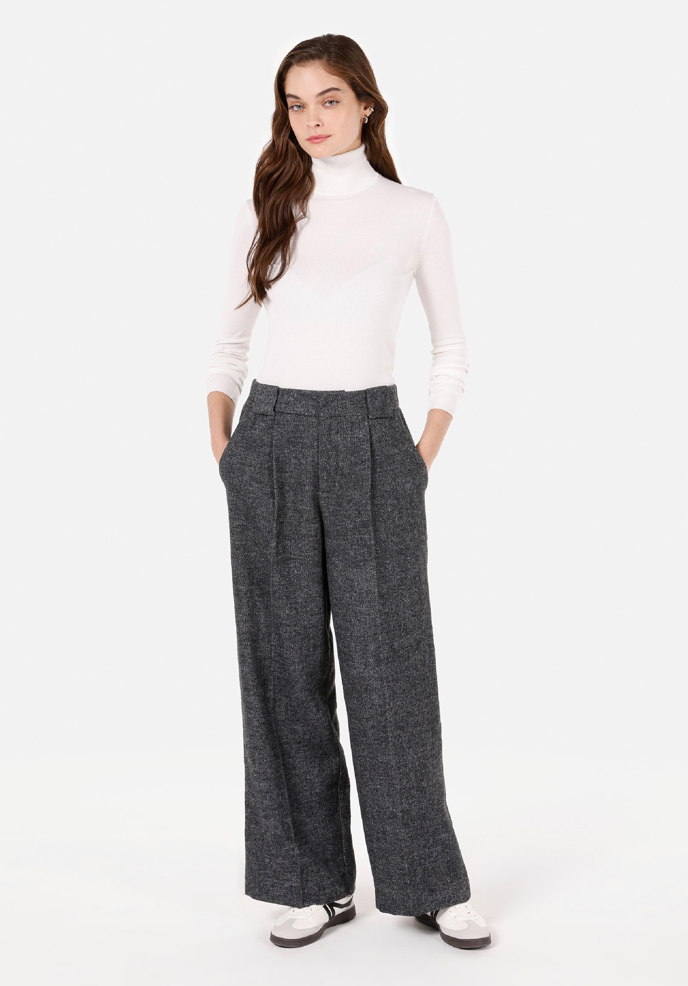 Regular Fit Yüksek Bel Geniş Paça Kadın Gri  Pantolon