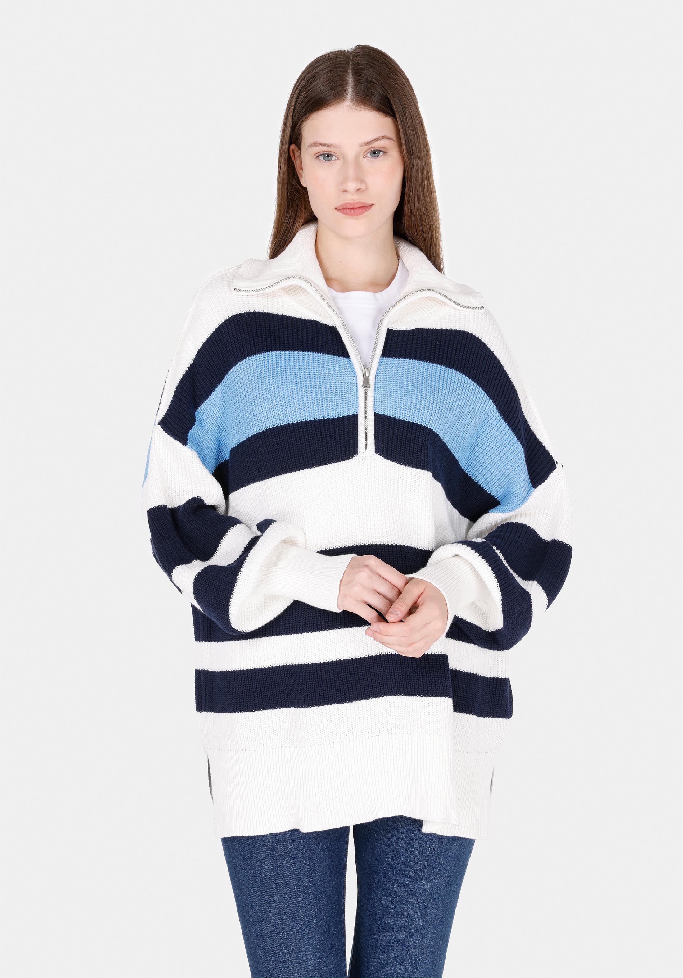 Comfort Fit Fermuarlı Çizgili Kadın Çok Renkli Kazak