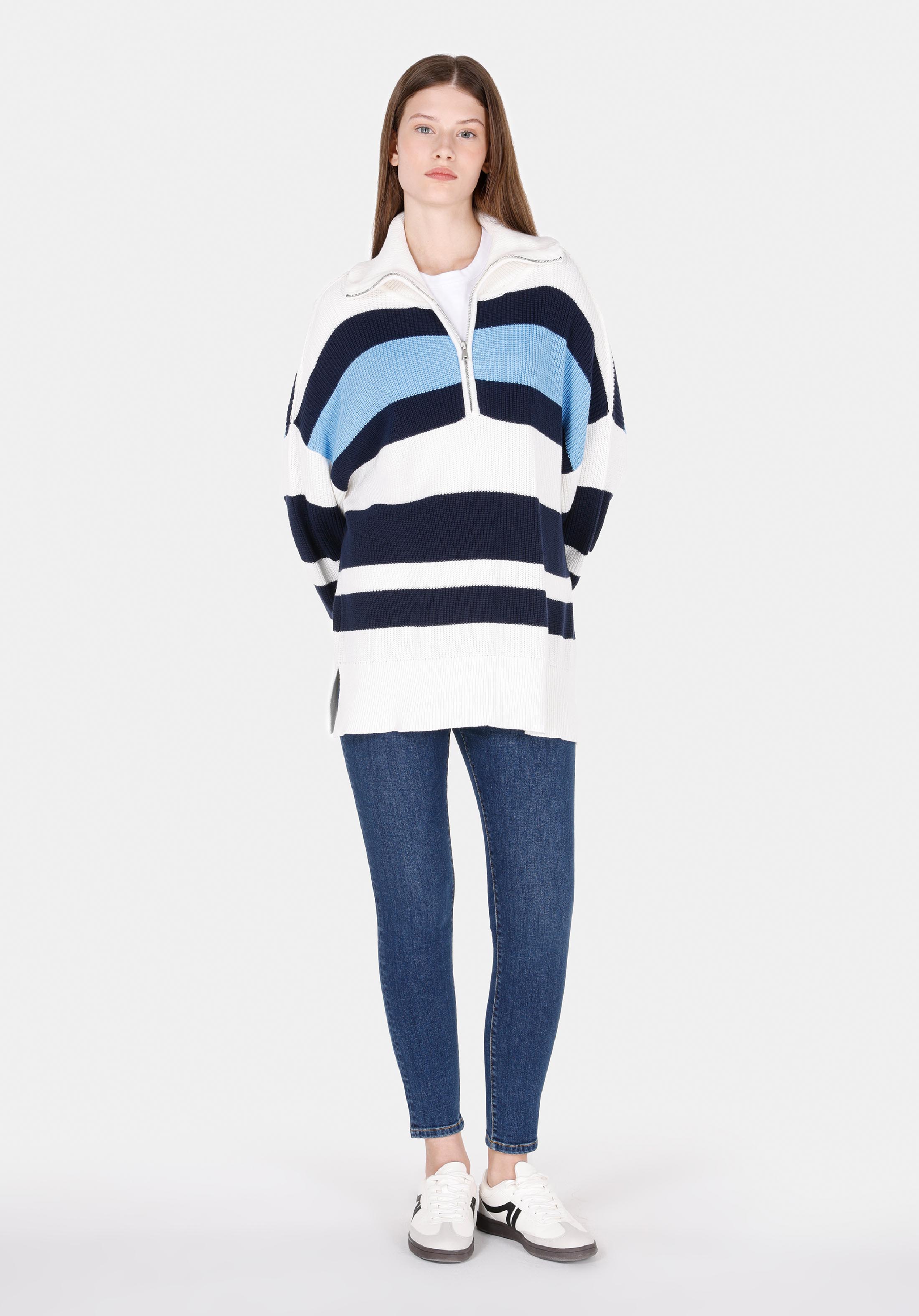 Comfort Fit Fermuarlı Çizgili Kadın Çok Renkli Kazak