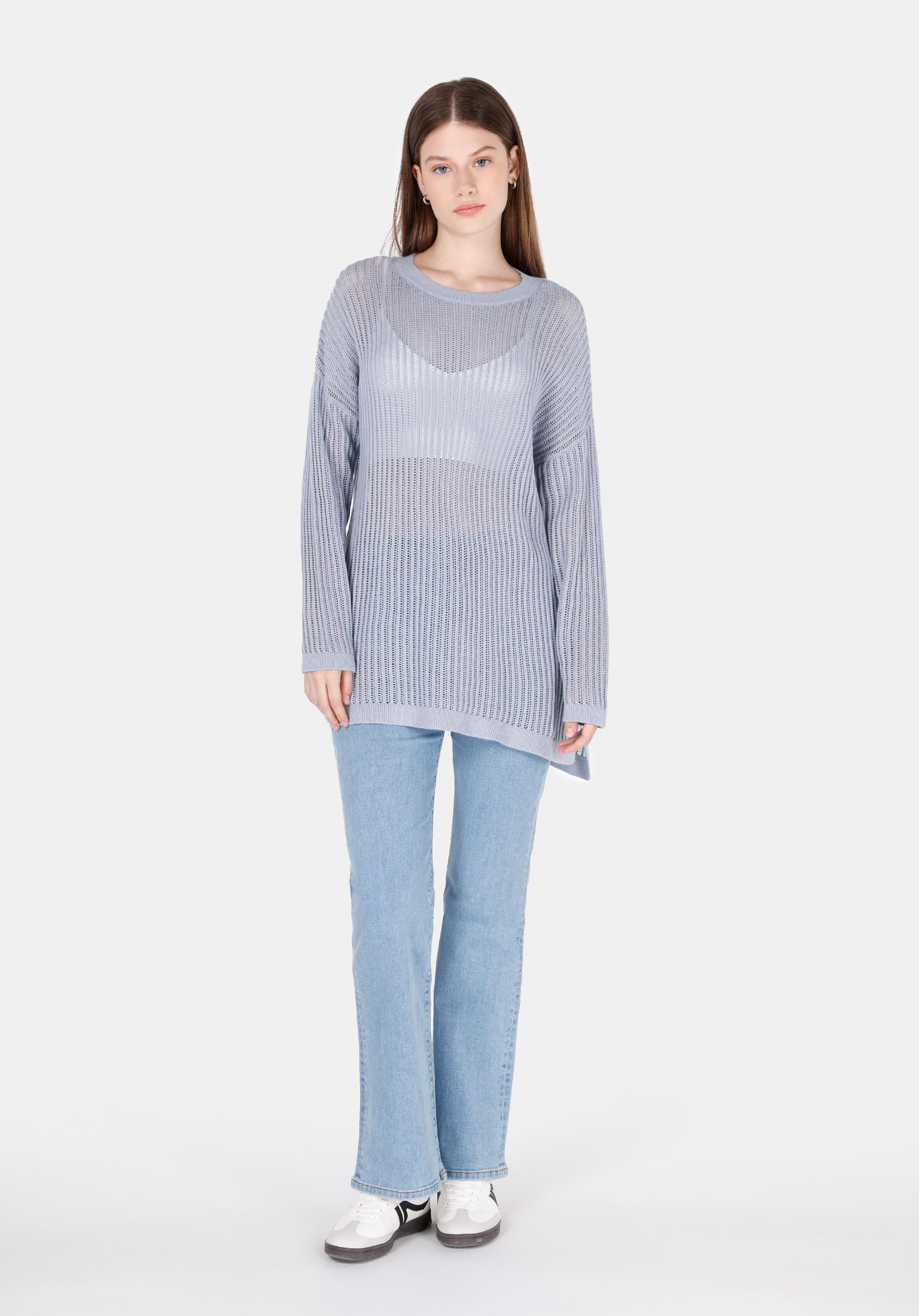 Regular Fit Yuvarlak Yaka Düz Kadın Mavi Kazak