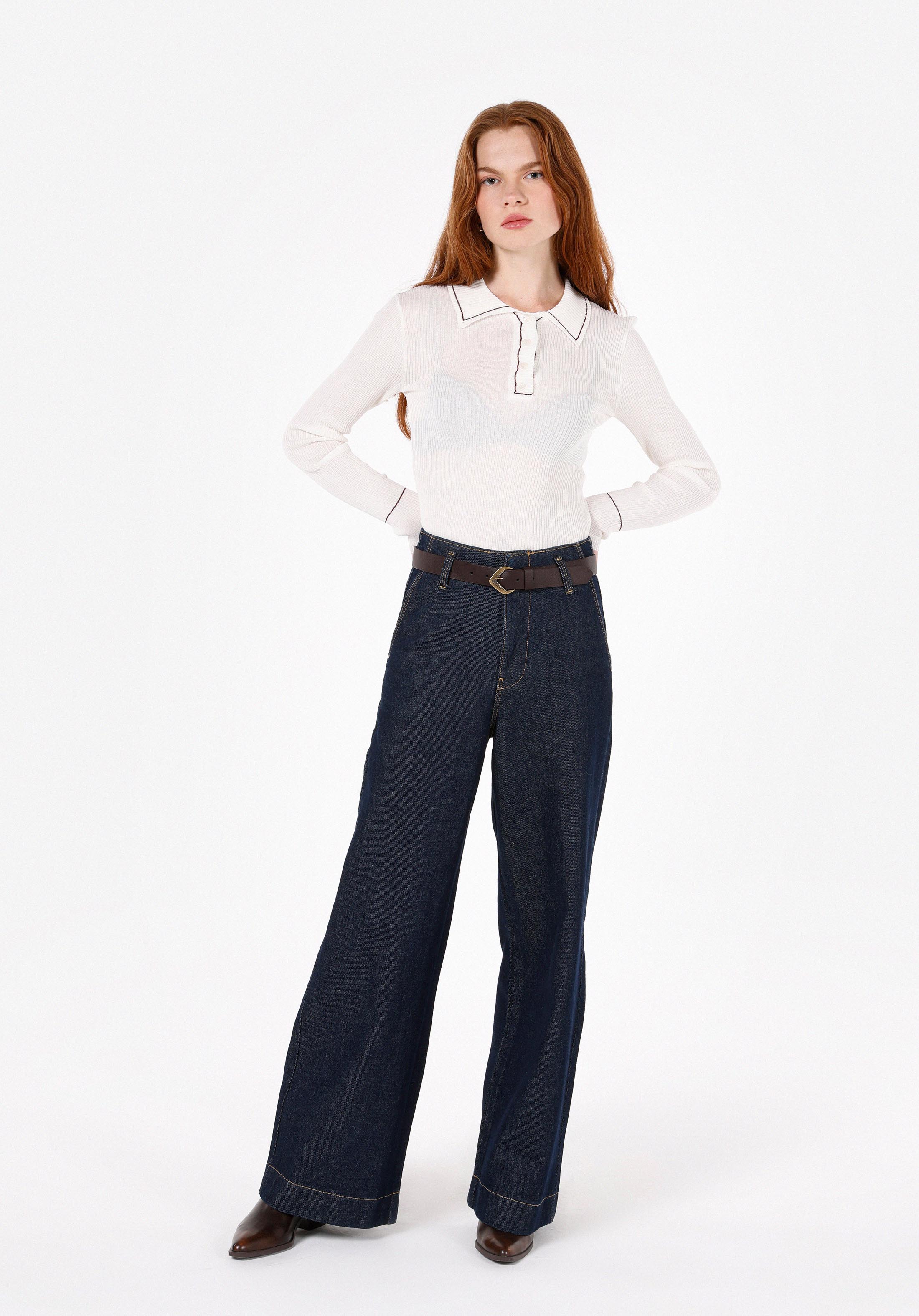 Slim Fit Polo Yaka Düz Kadın Ekru Kazak