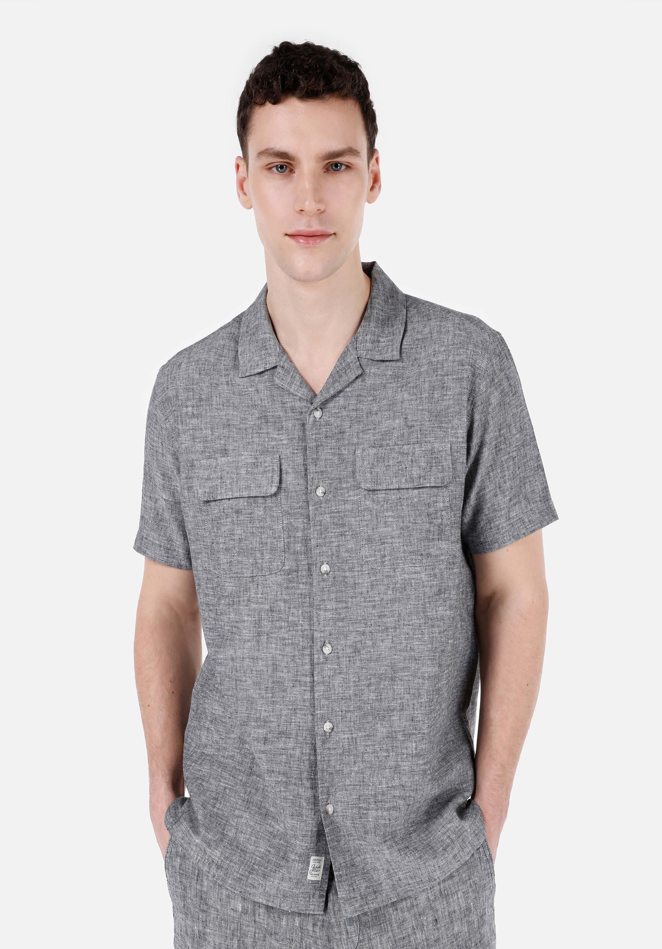 Comfort Fit Shirt Neck Düz Erkek Gri Kısa Kol Gömlek