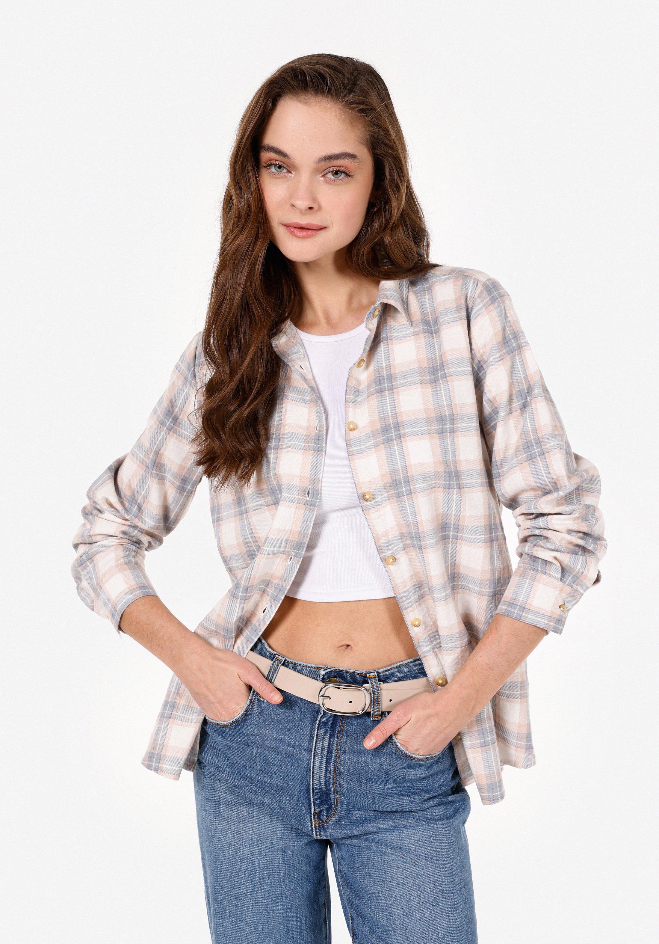 Regular Fit Shirt Neck Ekoseli Kadın Ekru Uzun Kol Gömlek