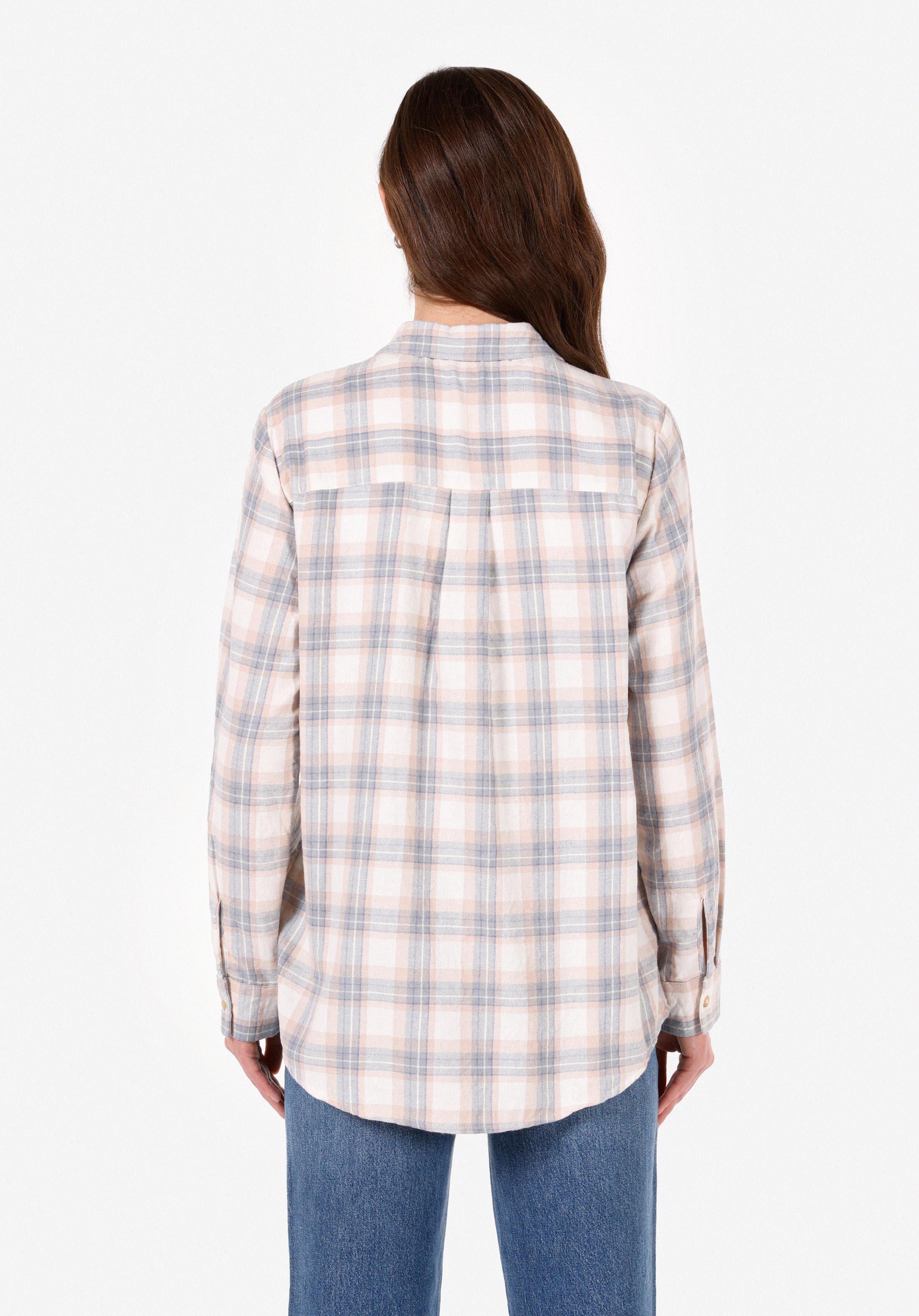 Regular Fit Shirt Neck Ekoseli Kadın Ekru Uzun Kol Gömlek