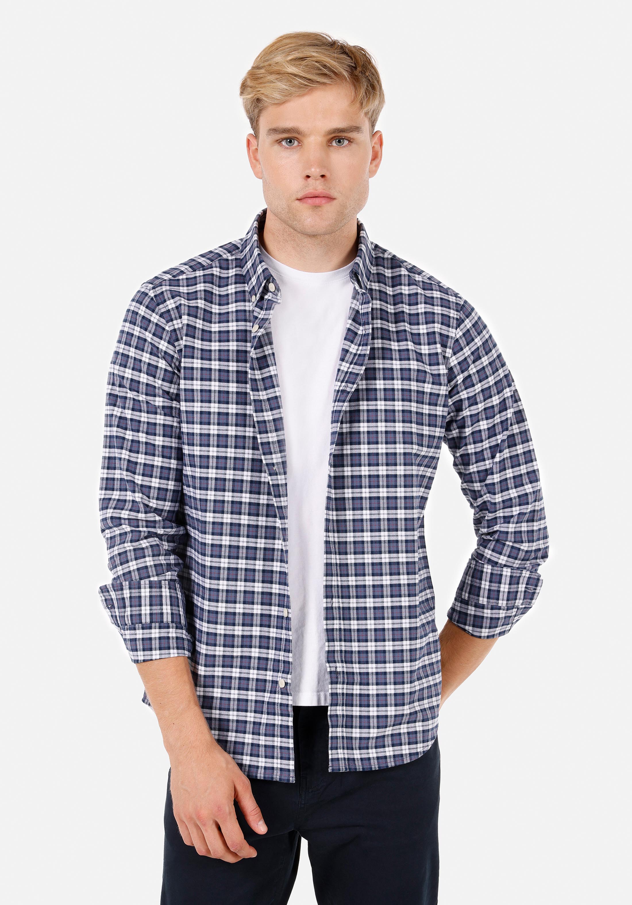 Regular Fit Shirt Neck Ekoseli Erkek Lacivert Uzun Kol Gömlek