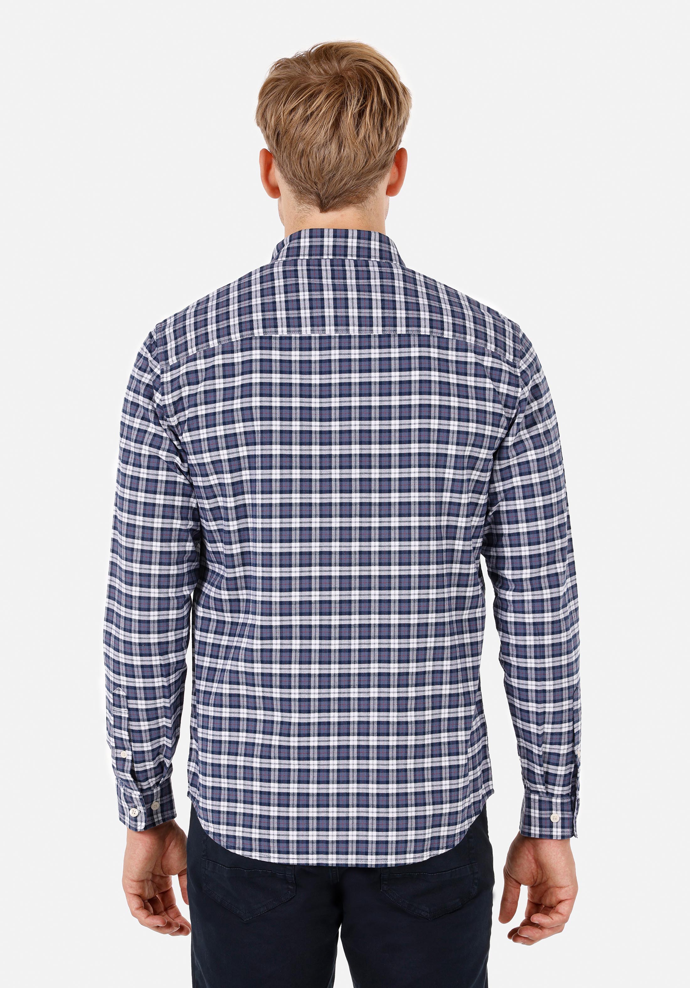 Regular Fit Shirt Neck Ekoseli Erkek Lacivert Uzun Kol Gömlek