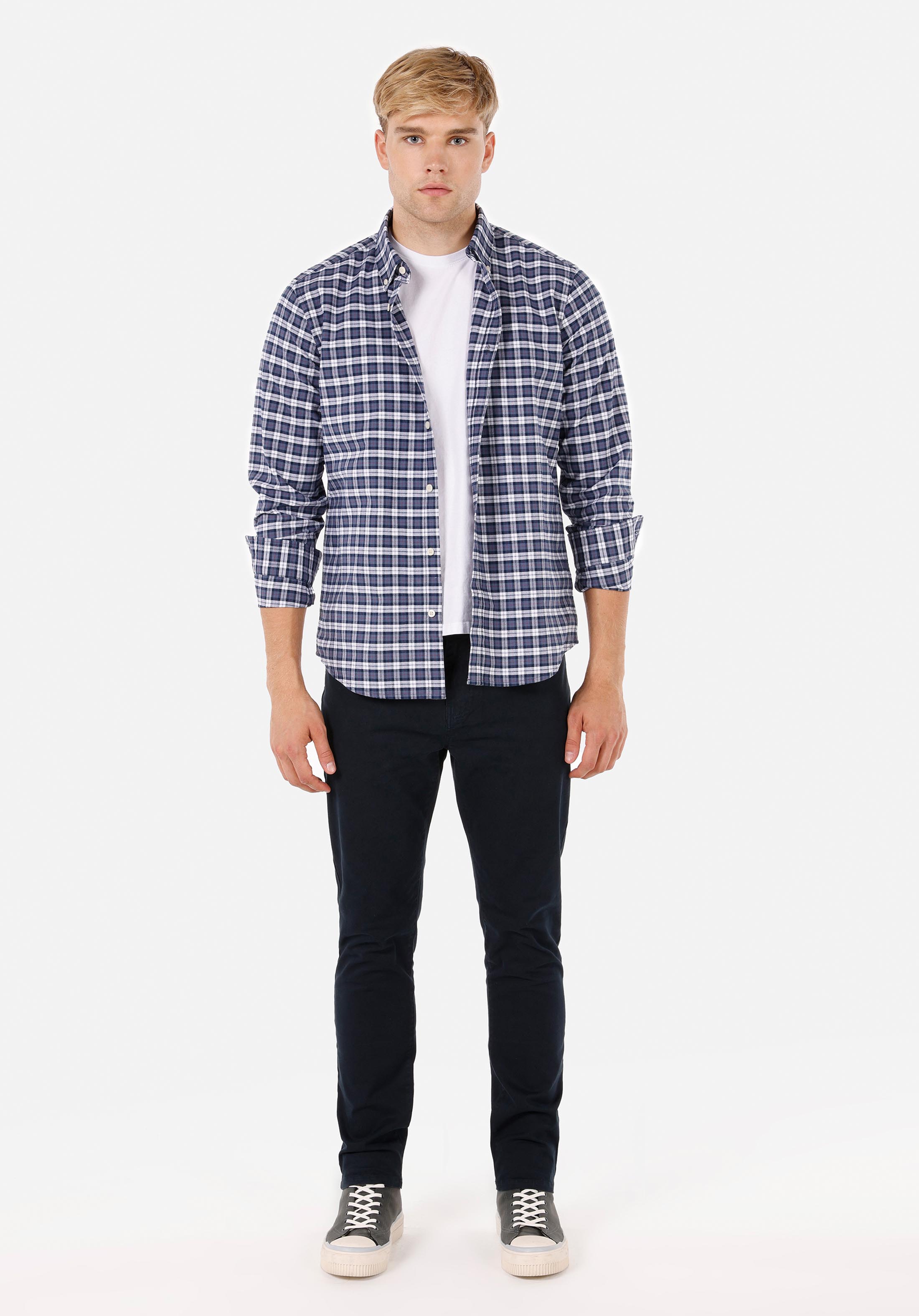 Regular Fit Shirt Neck Ekoseli Erkek Lacivert Uzun Kol Gömlek