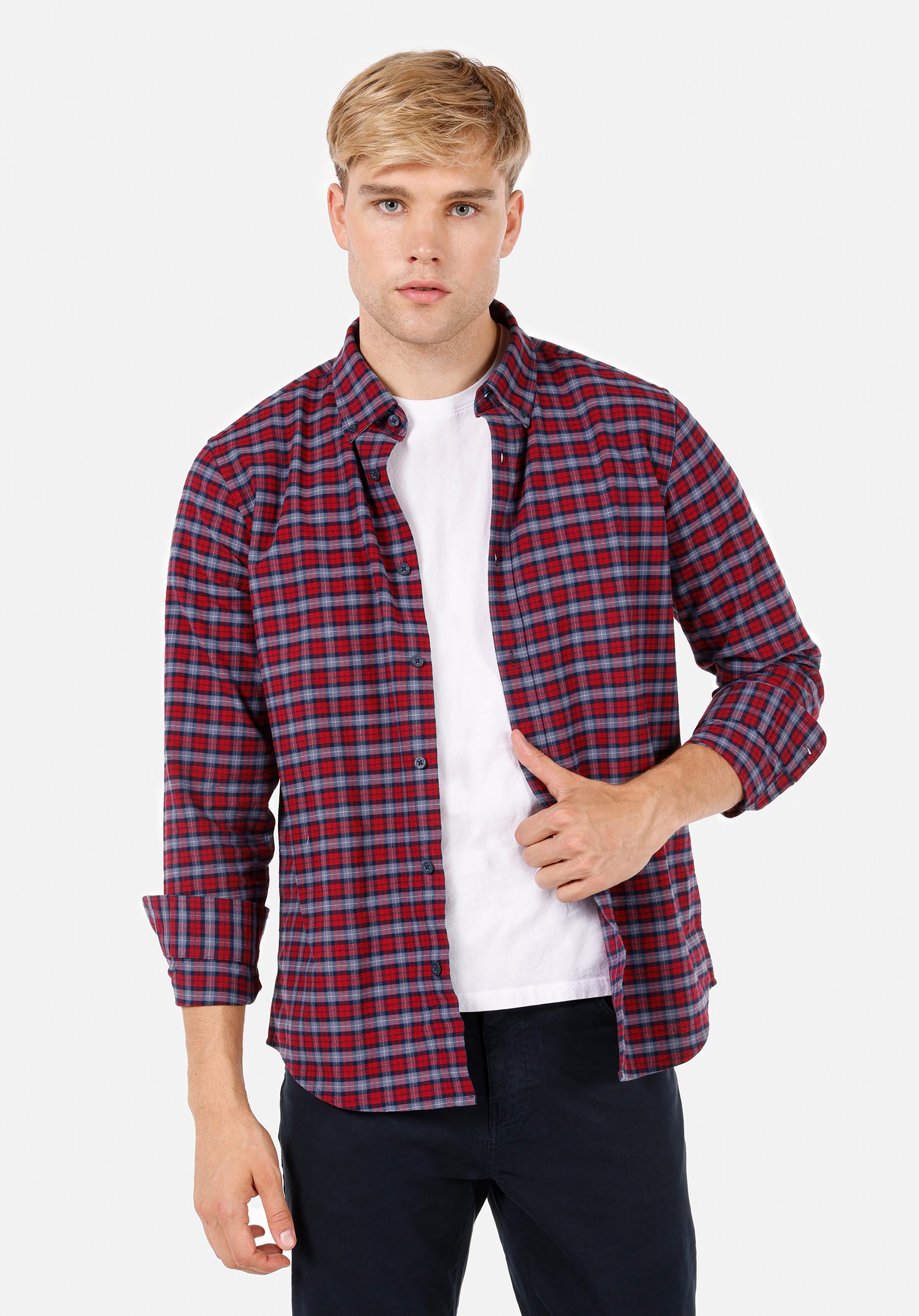 Regular Fit Shirt Neck Ekoseli Erkek Kirmizi Uzun Kol Gömlek