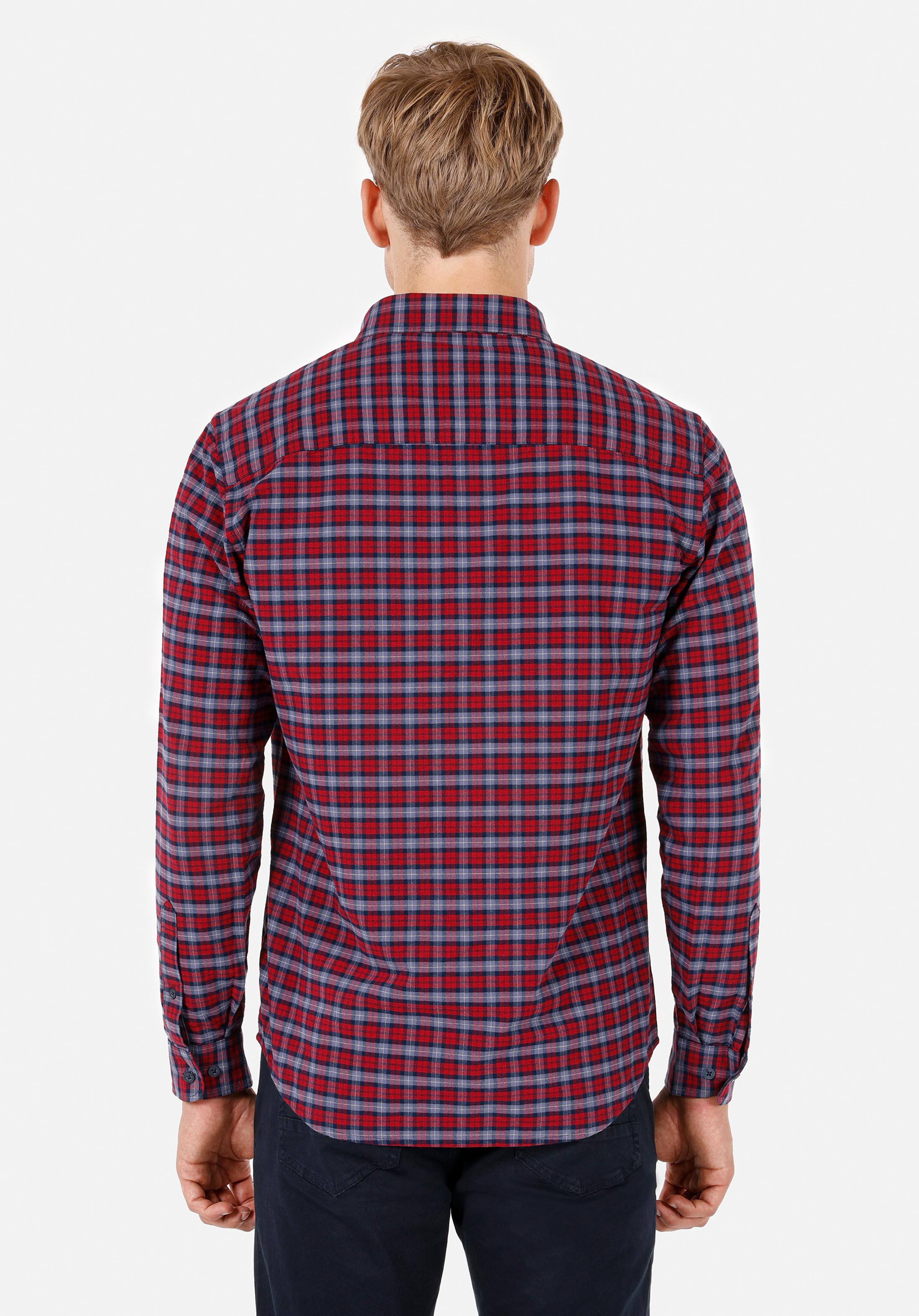 Regular Fit Shirt Neck Ekoseli Erkek Kirmizi Uzun Kol Gömlek