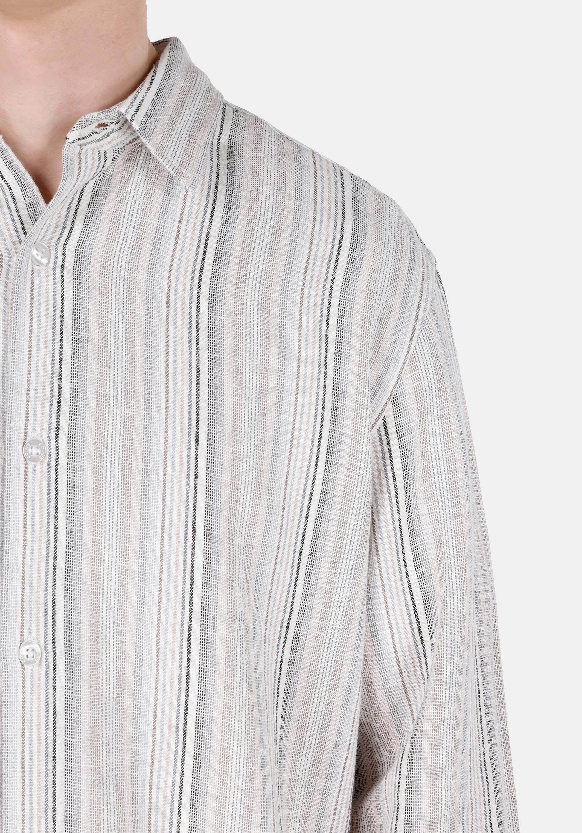 Regular Fit Shirt Neck Baskılı Erkek Ekru Uzun Kol Gömlek