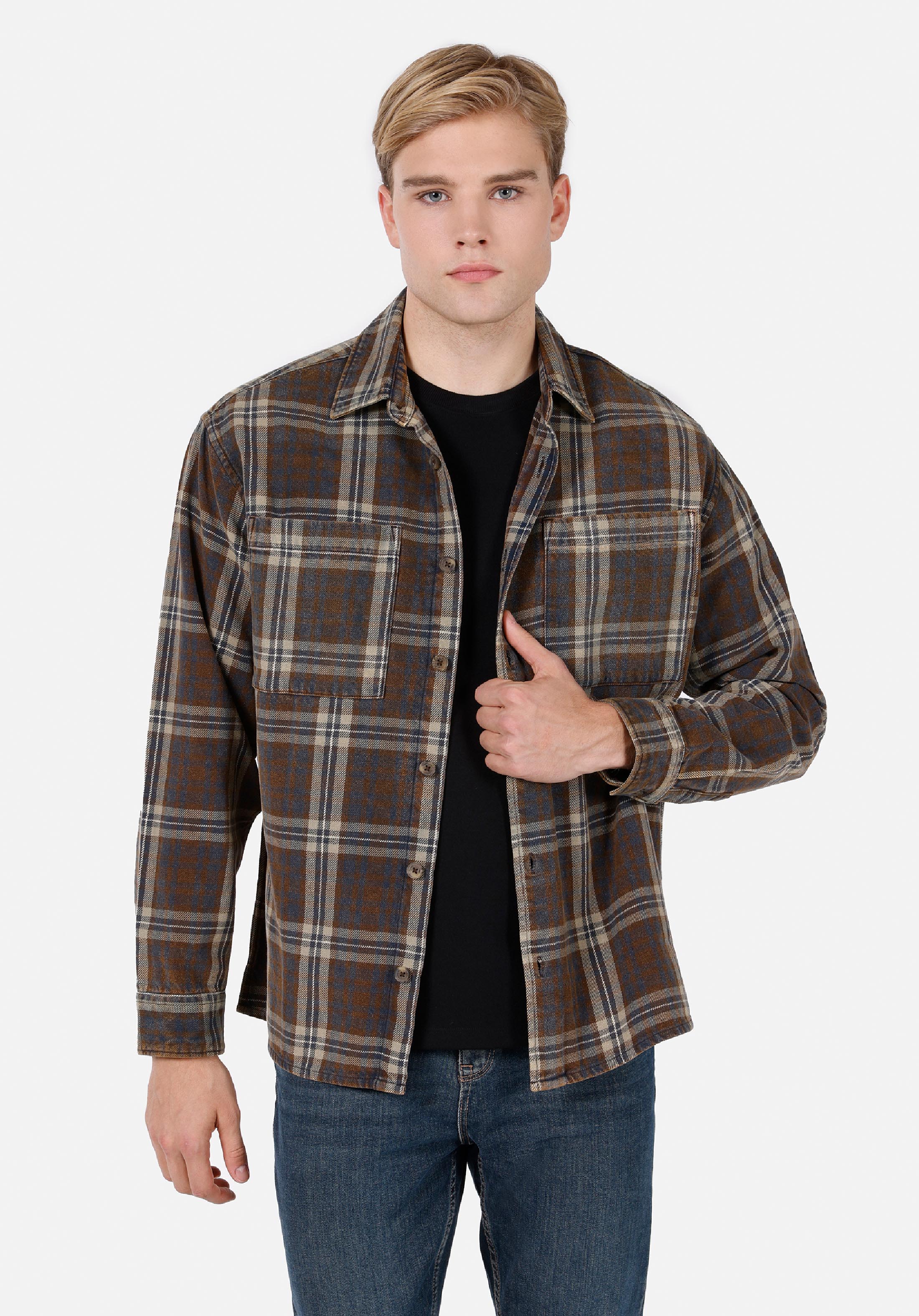 Comfort Fit Shirt Neck Ekoseli Erkek Kahverengi Uzun Kol Gömlek