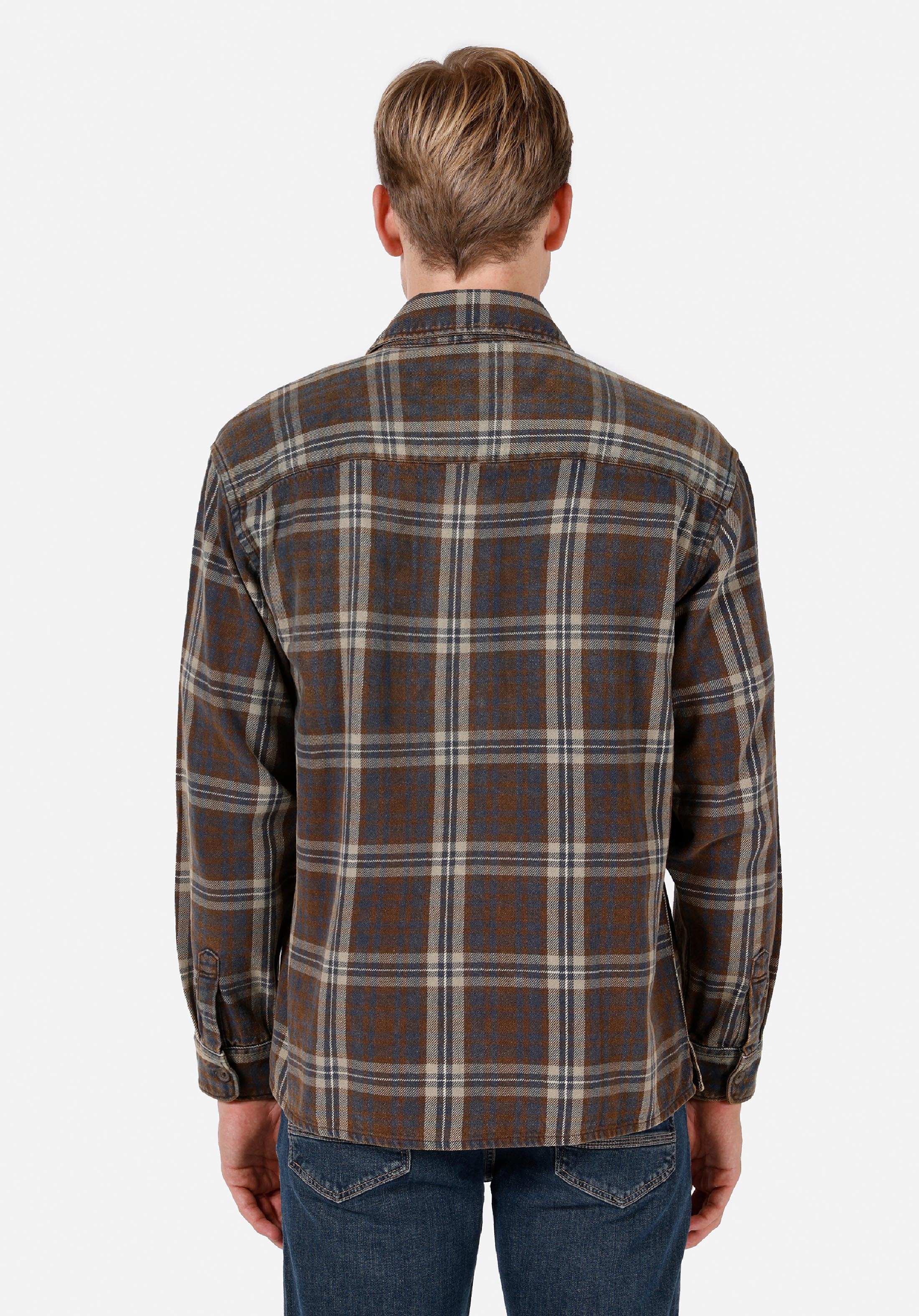 Comfort Fit Shirt Neck Ekoseli Erkek Kahverengi Uzun Kol Gömlek