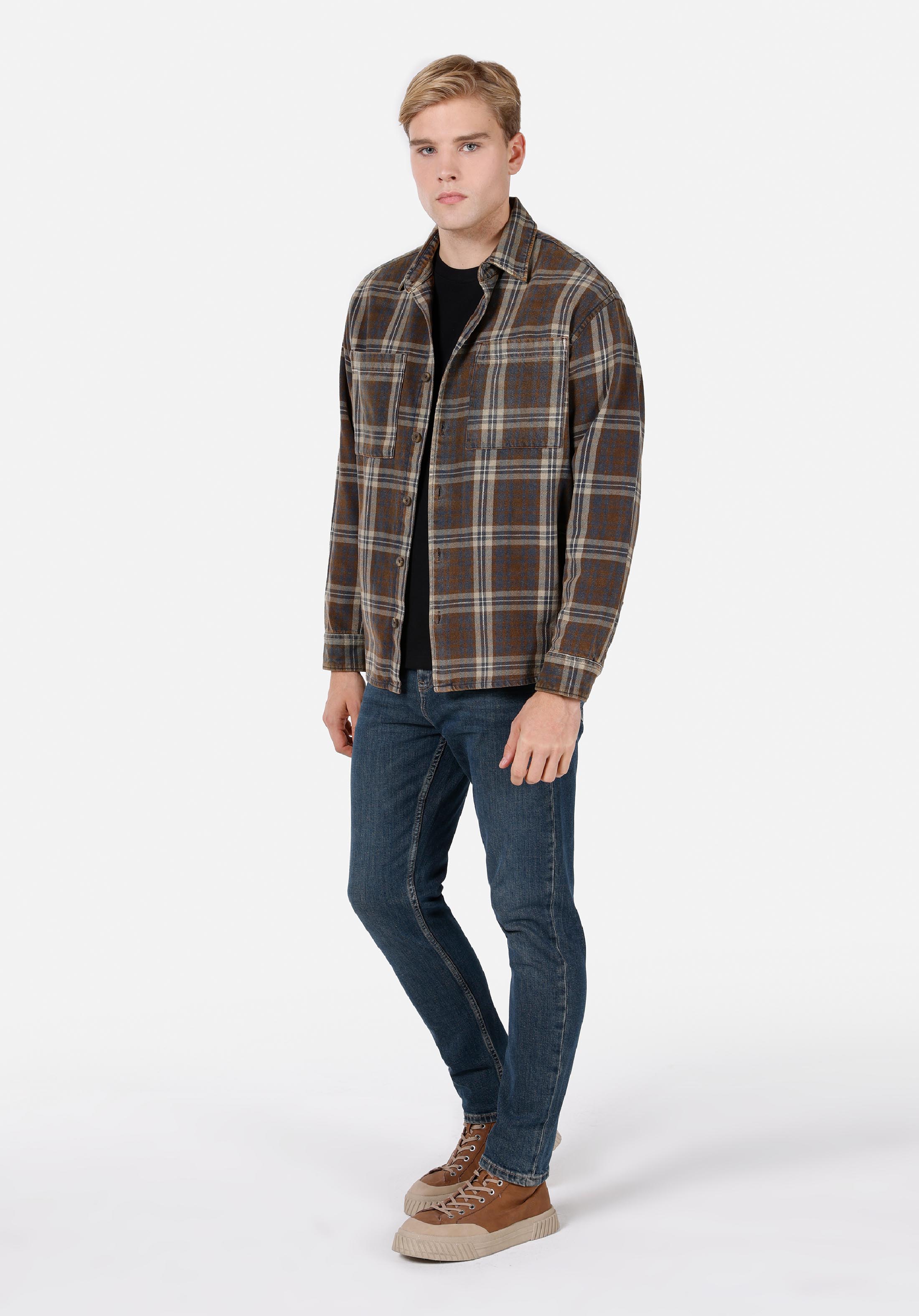 Comfort Fit Shirt Neck Ekoseli Erkek Kahverengi Uzun Kol Gömlek